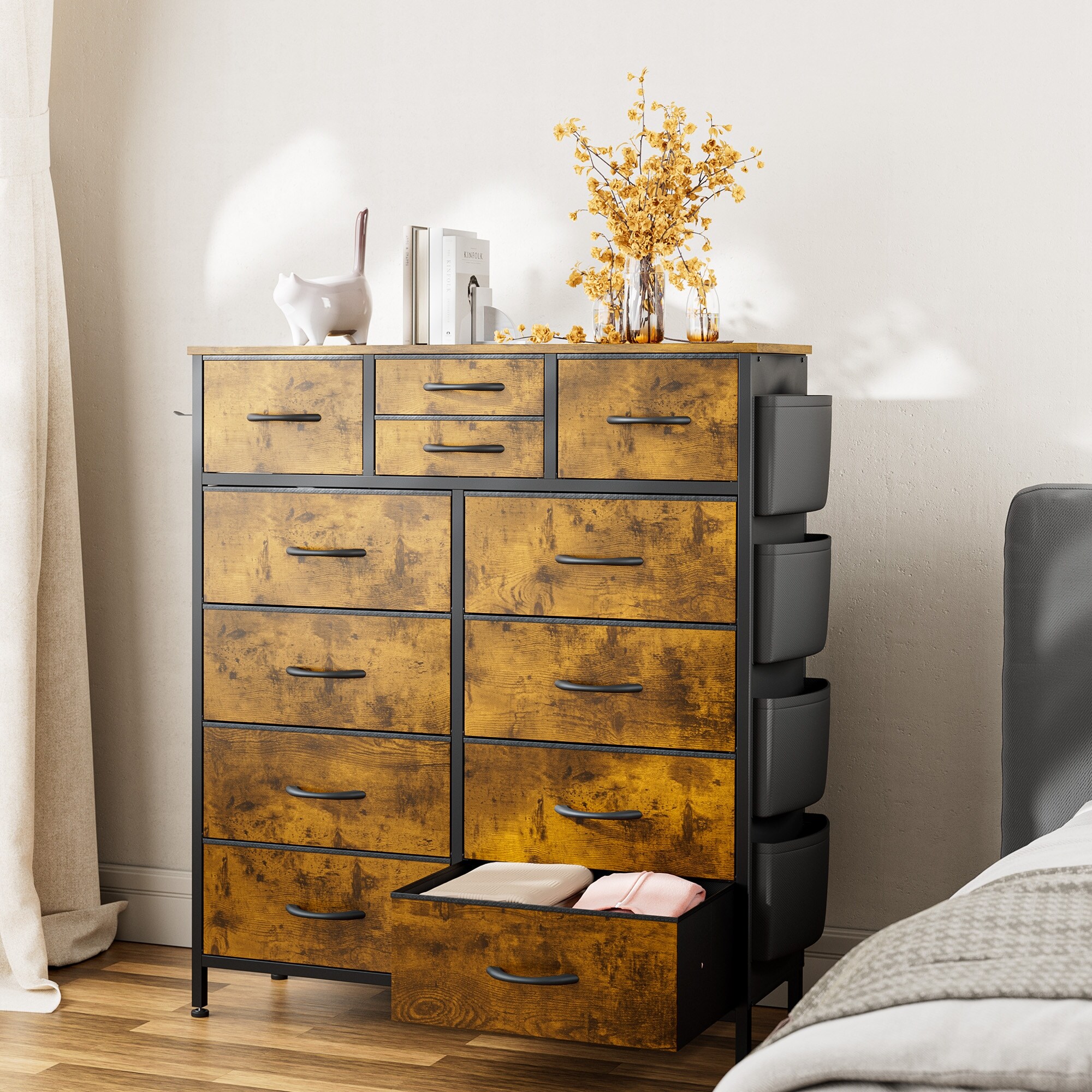 JINYUZHOU INC 12 Drawer Dresser Tall Dressers for Bedroom Fabric Chest of Drawers Rustic Brown