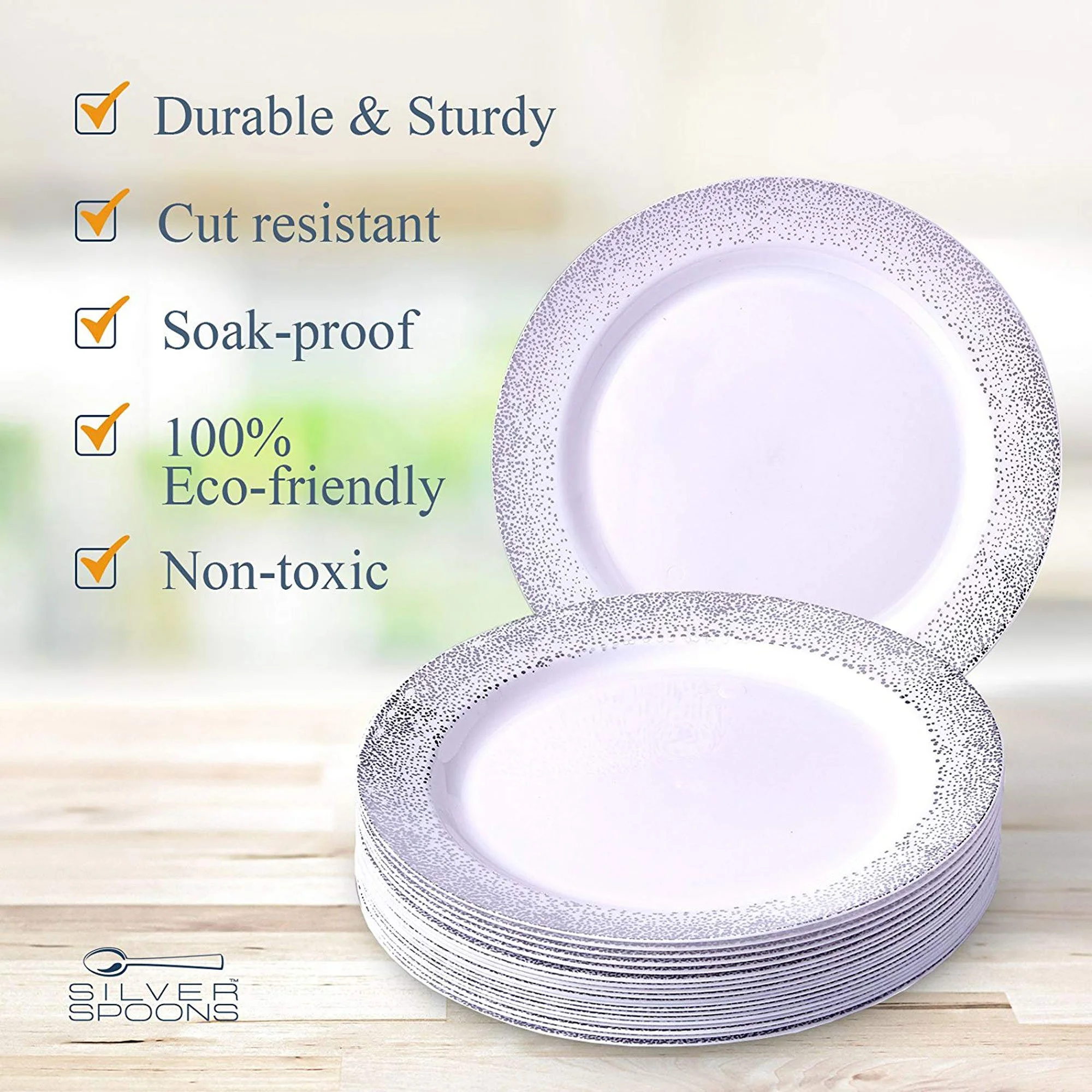 Premium China Look Disposable Plate Set | 120 Dinner Plates and 120 Salad Plates | Ocean Mist Collection (Silver)