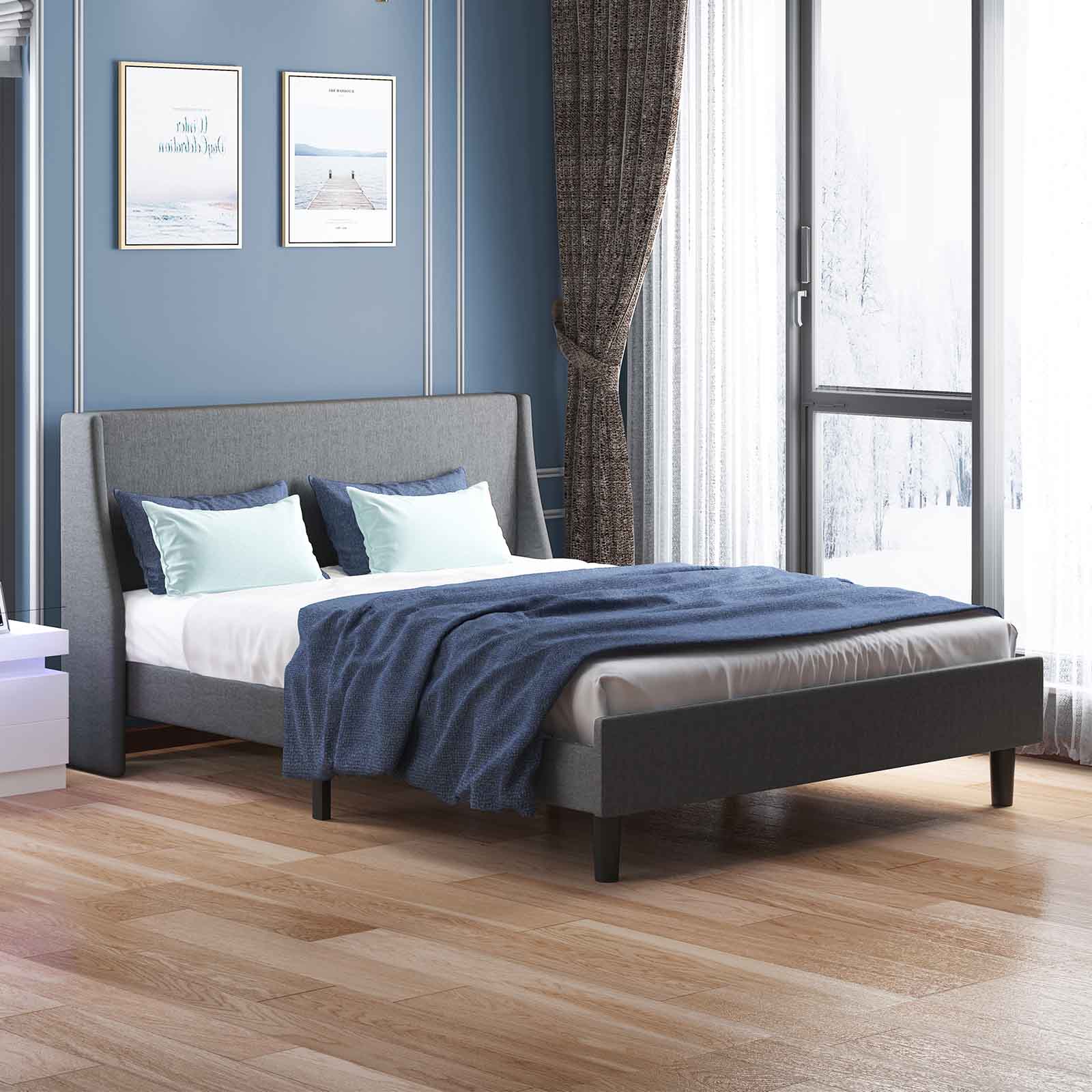 CECER King Size Bed Frame, Modern Bed Frame with Upholstered Headboard & Broad Wingback Wooden Slat Support, No Box Spring Needed - Dark Grey