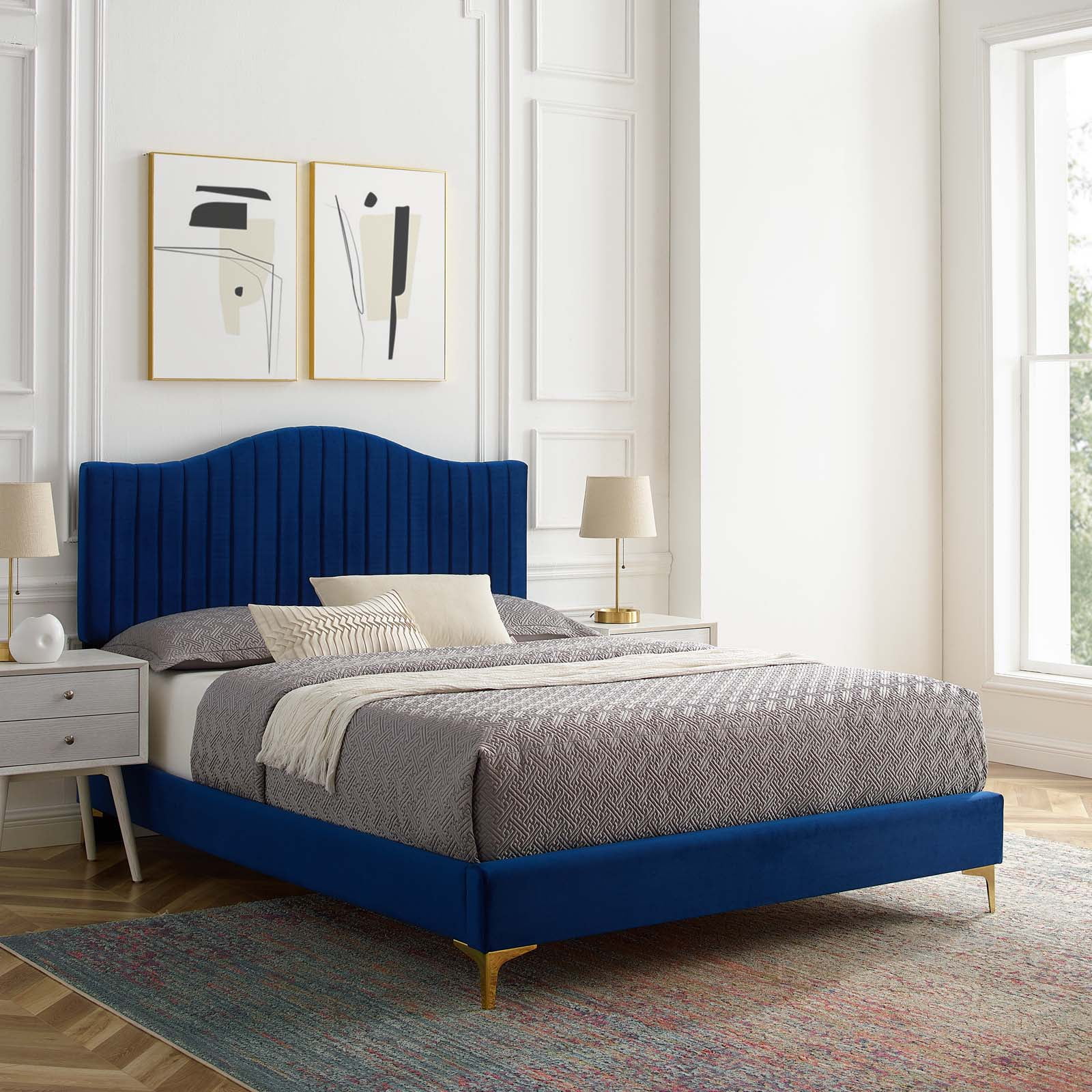 Tufted Platform Bed Frame, Twin Size, Velvet, Blue Navy, Modern Contemporary Urban Design, Bedroom Master Guest Suite