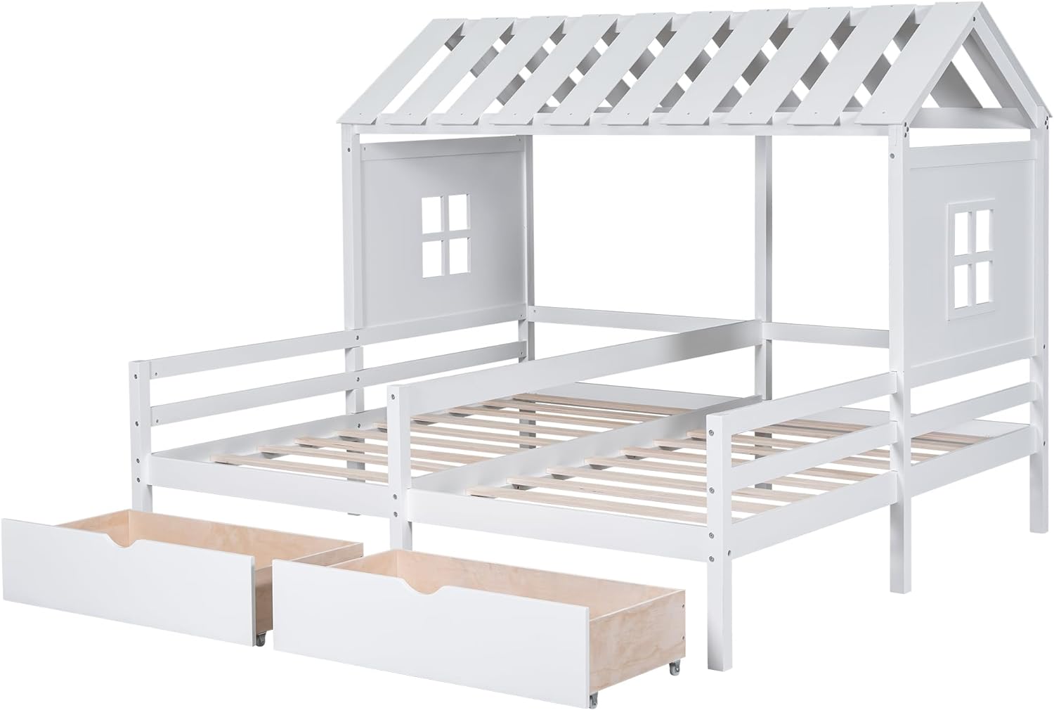 Double Kids House Platform Bed, Twin Bed Frames with 2 Drawers, for Boy and Girl Shared Beds, Wooden Bed Frame Combination of 2 Side by Side Twin Size Beds, No Box Spring Needed