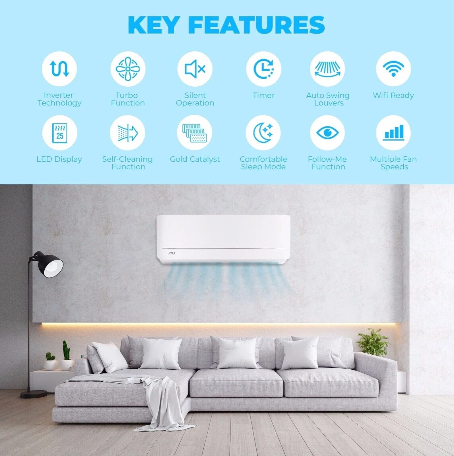 Cooper & Hunter 9000 BTU 115V Wall Mounted Mini Split Heat Pump Air Conditioner With 25ft Kit Cover 400 Sq Ft WiFi