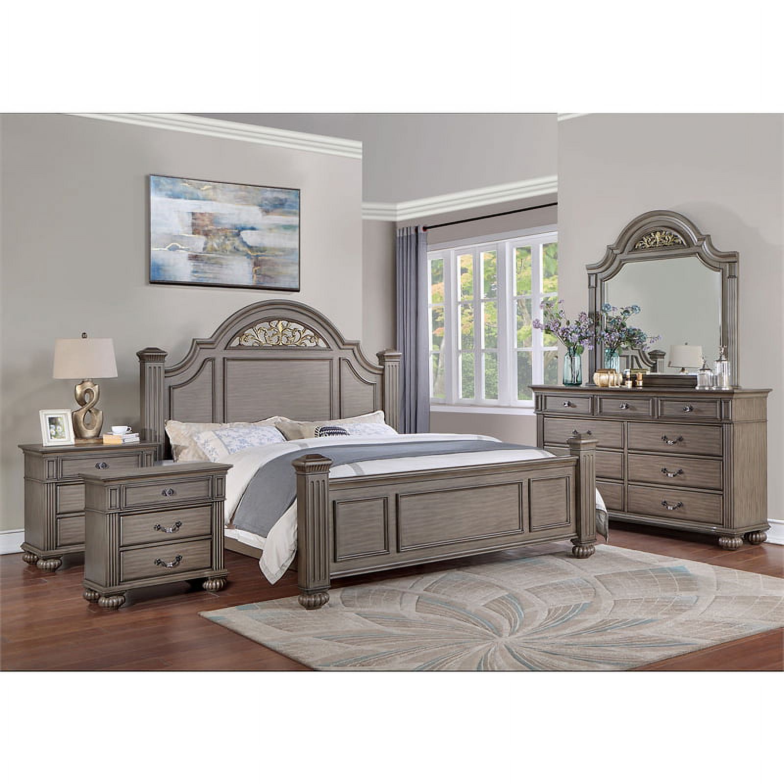 FOA Damos 5pc Gray Wood Bedroom Set - King+2 Nightstands+Dresser+Mirror