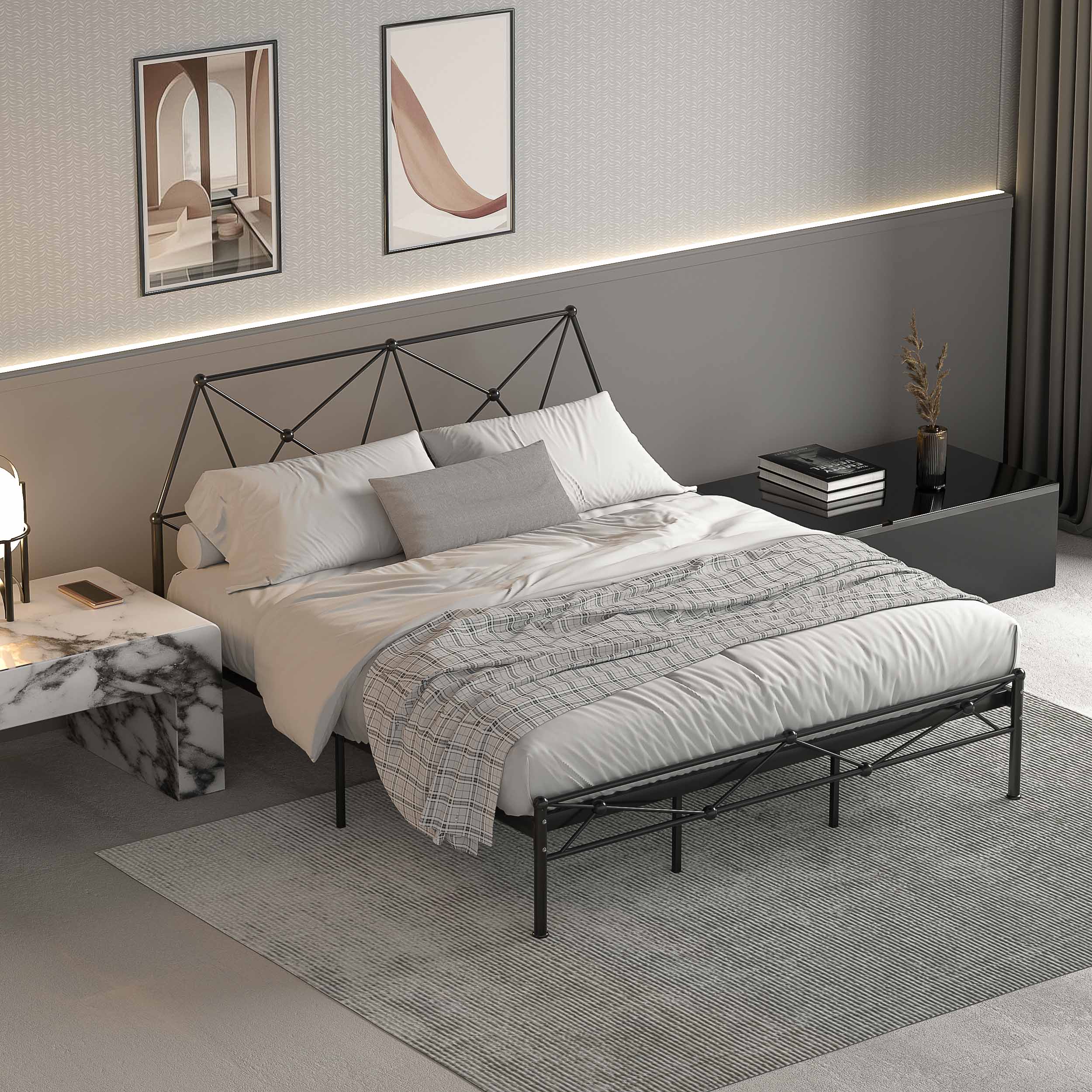 Black low tail metal bedstead, headboard with strip simple design style, 78.74 inches by 70.86 inches. H44.09 in