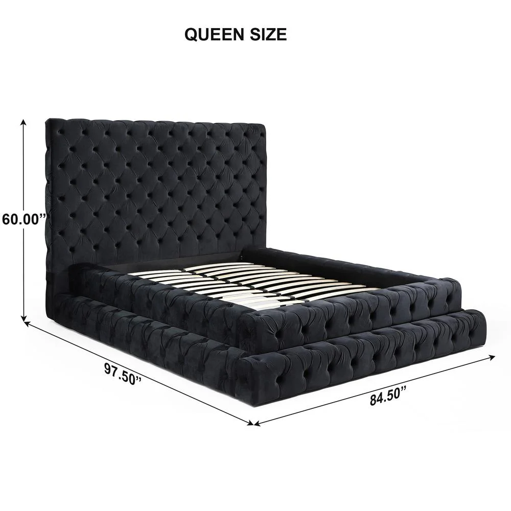 Better Home Products Velvet Queen Bed with Deep Button Tufting in Black