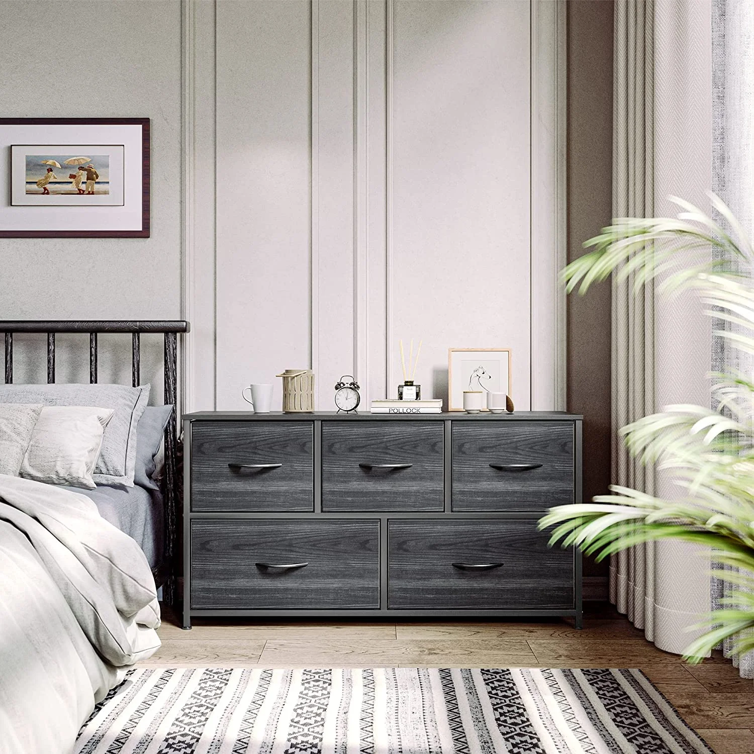 Dresser with 5 Drawers - Fabric Storage Tower for Bedroom, Living Room, Closets & Nursery - Sturdy Steel Frame, Wooden Top (Charcoal Black Wood Grain)