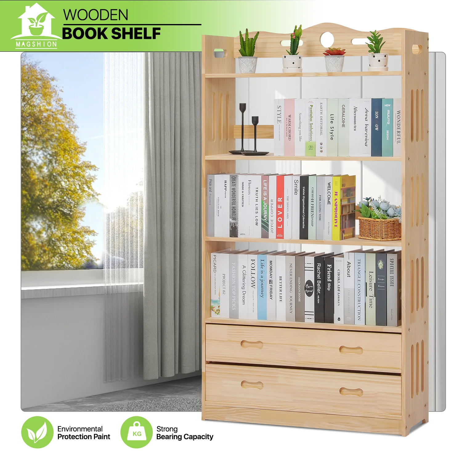 Magshion Wood 5 Shelves 2 Drawers Bookshelf, Books Toys Organizer Bookcase, Natural, for Home