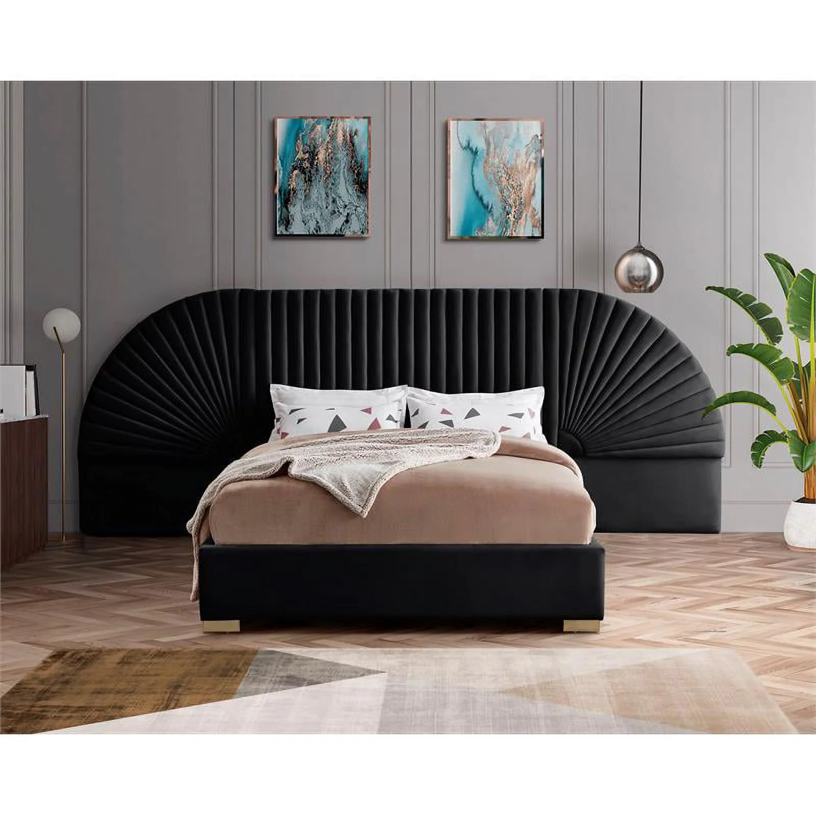Maklaine Contemporary Upholstery Black Velvet King Bed