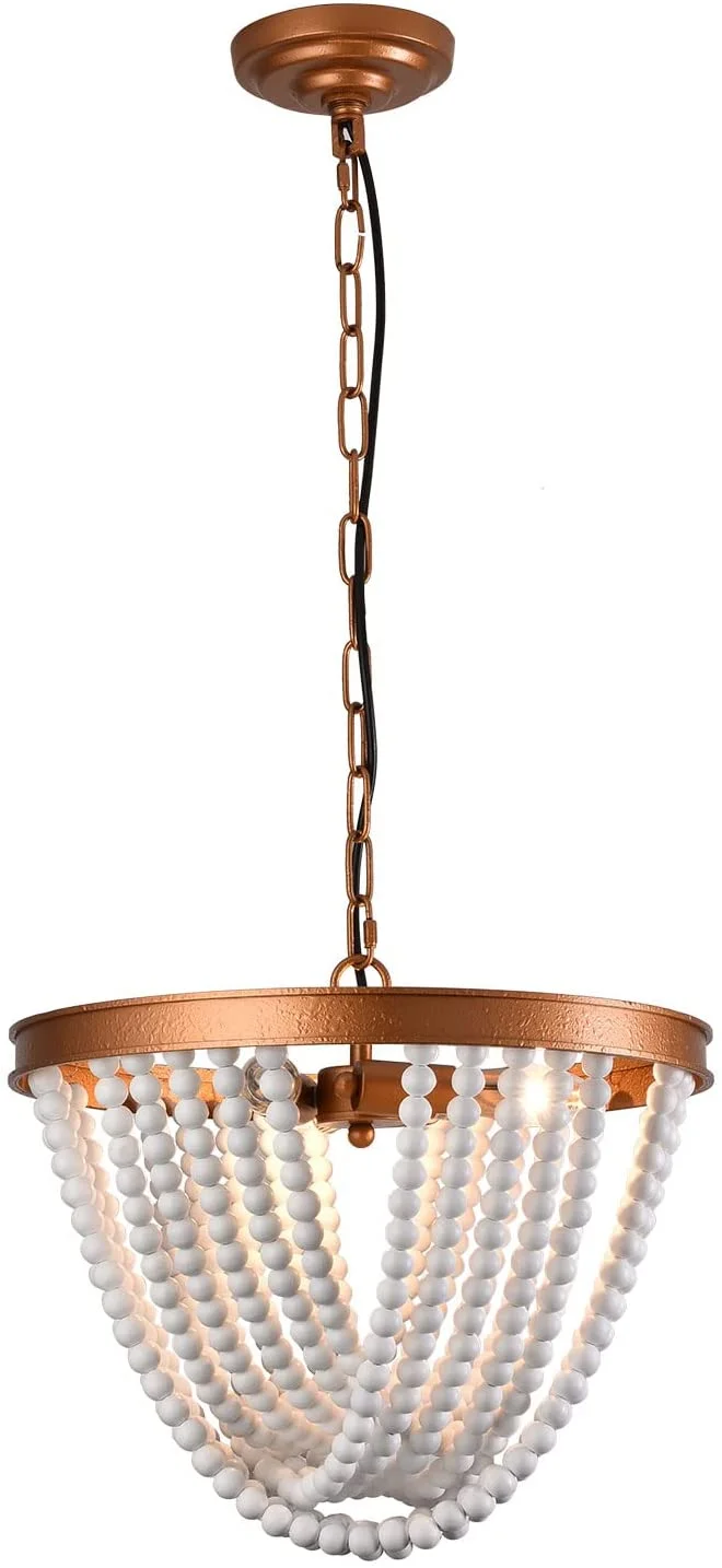 Oukaning 3-lights Boho Wood Bead Chandelier Adjustable Height Pendant Light Ceiling Lamp Bohemian-inspired 15.5