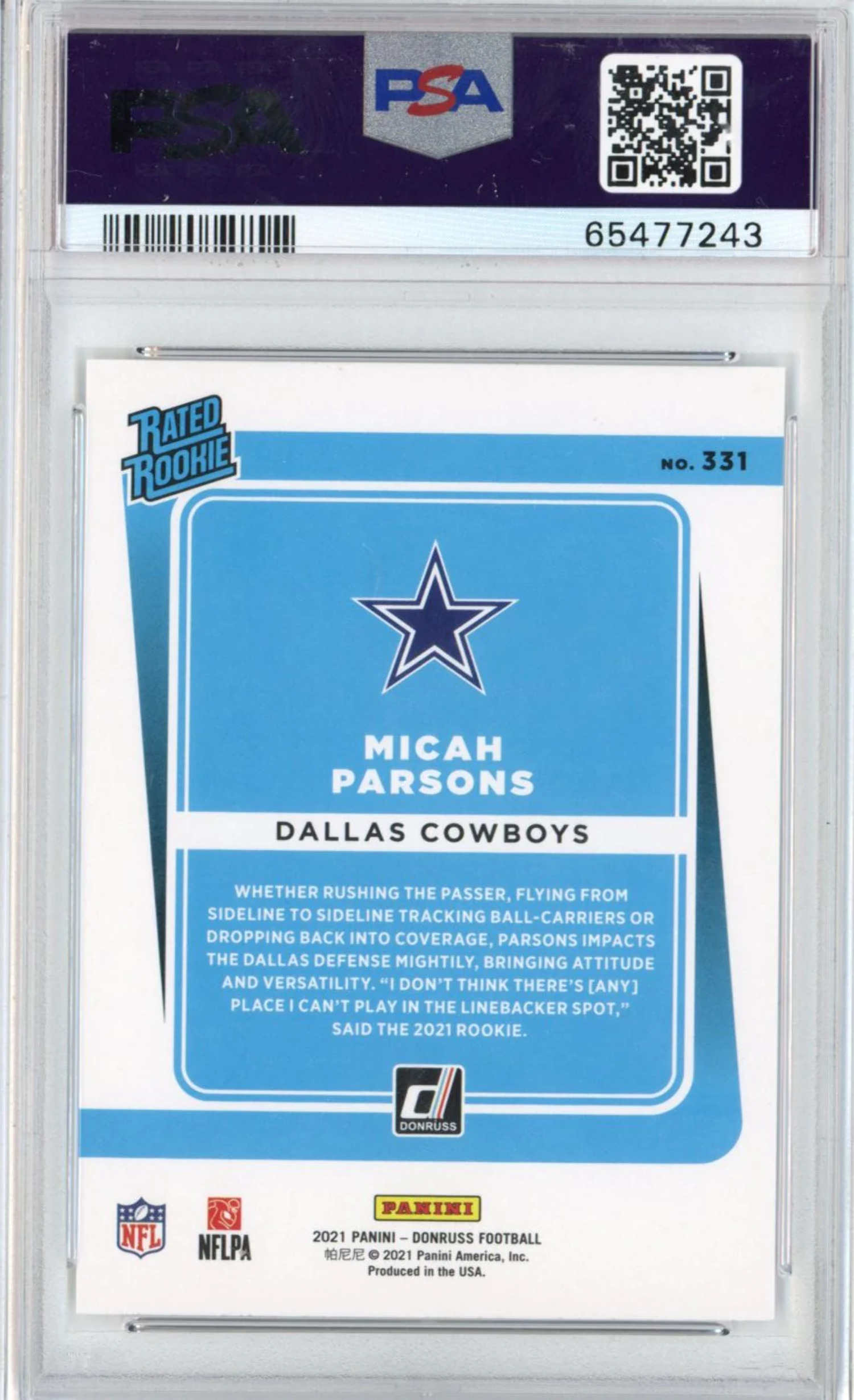 Graded 2021 Panini Donruss Micah Parsons #331 Rated Rookie RC Football Card PSA 9 Mint