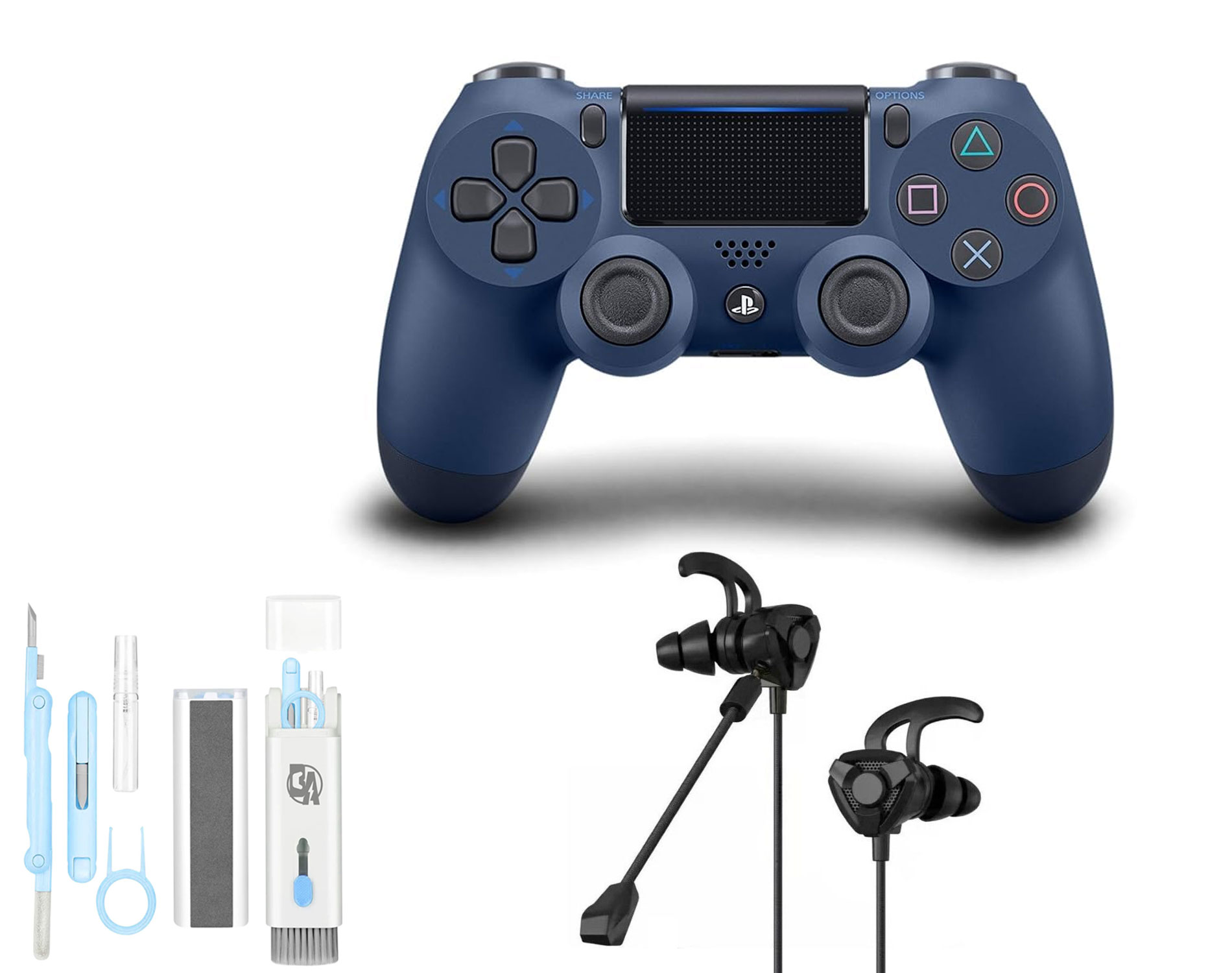 Sony Dual Midnight Blue Gaming Controller PS4 Console With Black Gaming Buds + Cleaning Kit BOLT AXTION Bundle Like New