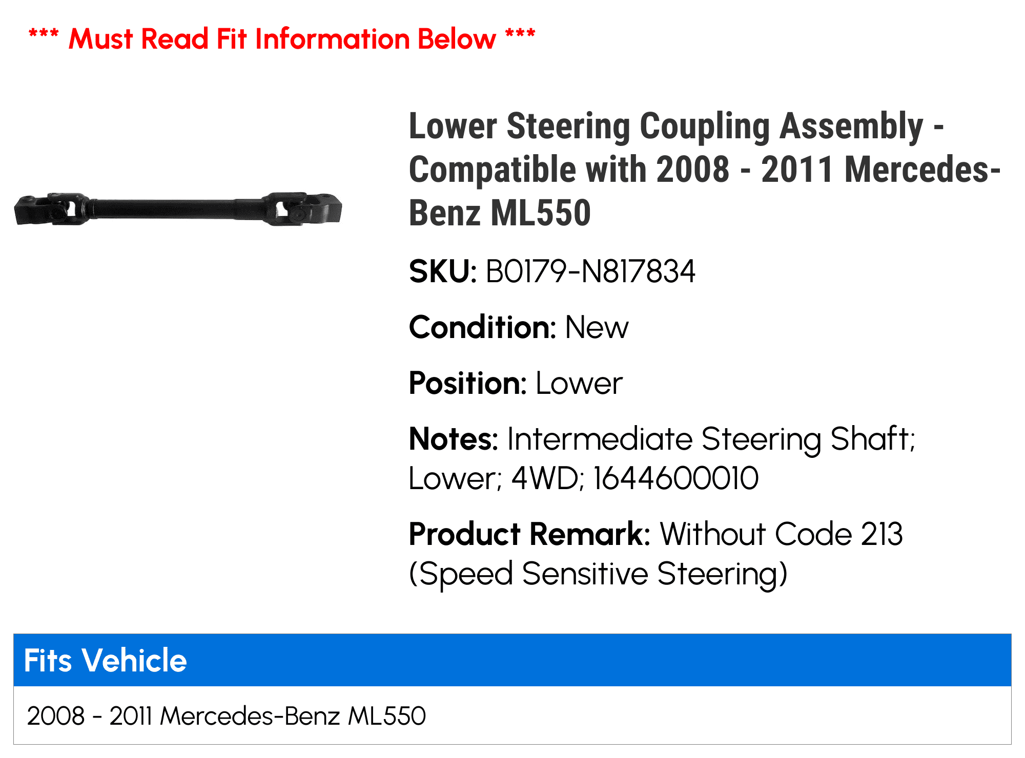 Lower Steering Coupling Assembly - Compatible with 2008 - 2011 Mercedes-Benz ML550 2009 2010