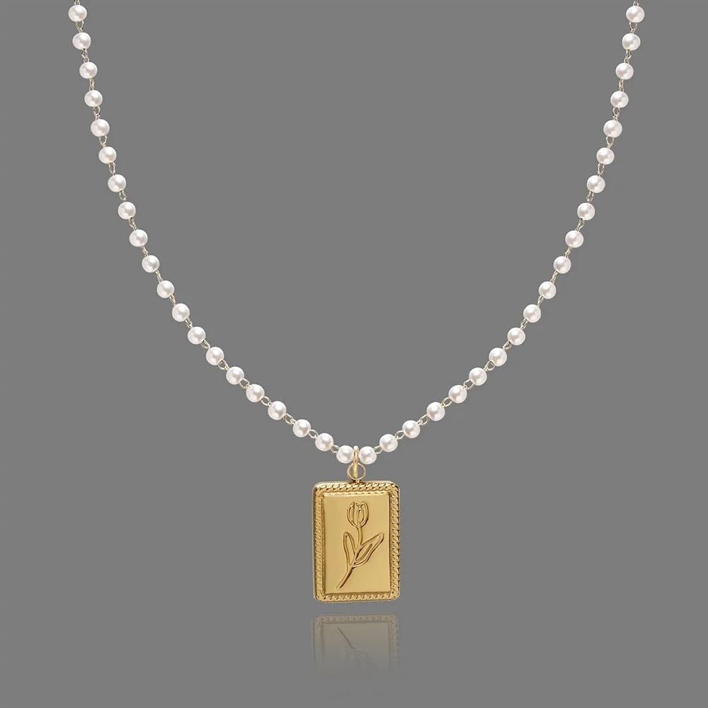 Tulip Flower Square Pendant Pearl 18K Gold Plated Chain Necklace,Gothic Pearl Beaded Strand Necklace