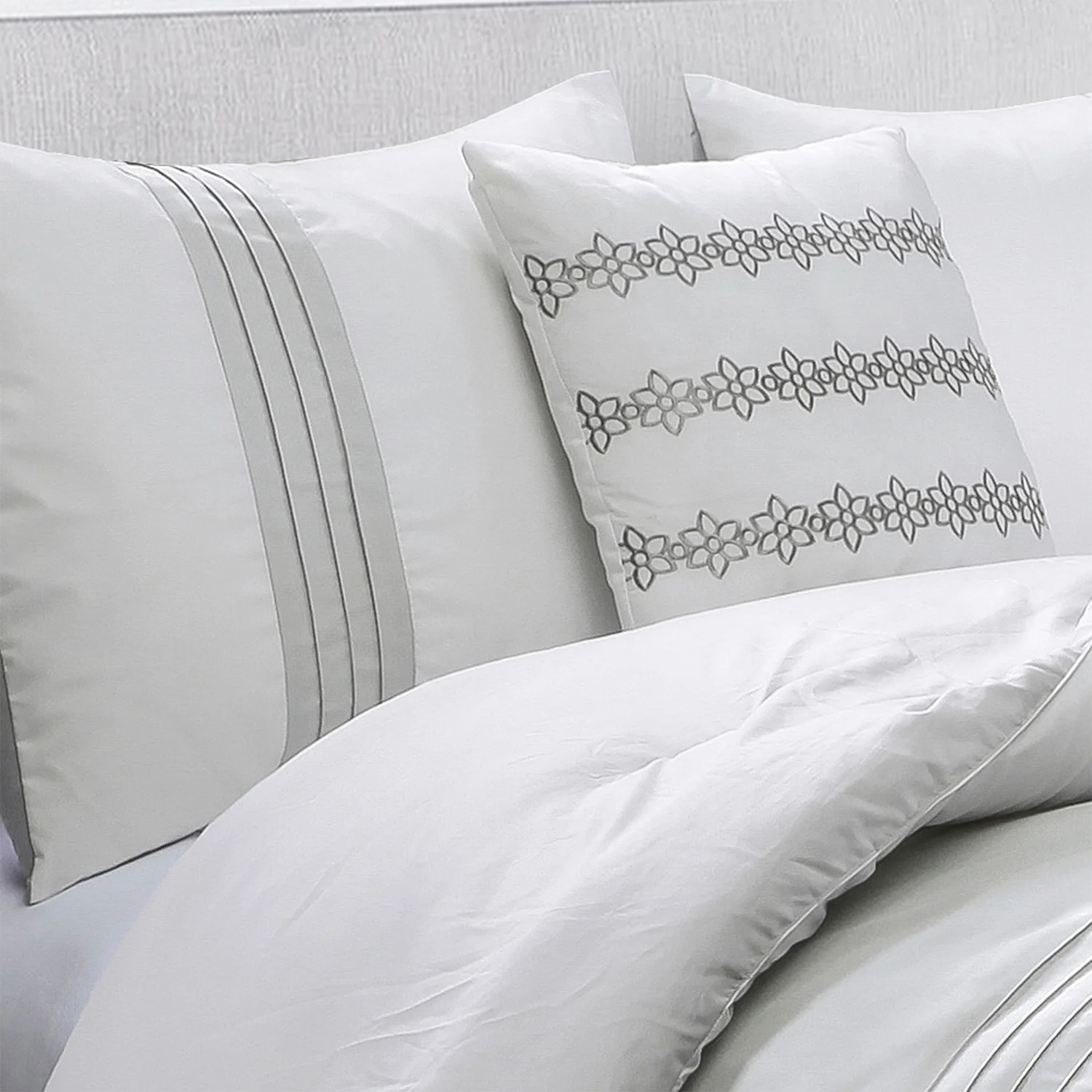 HIG 7 Piece Embroidery White Bed in a Bag, Modern and Stylish Comforter Set, Queen for Adults