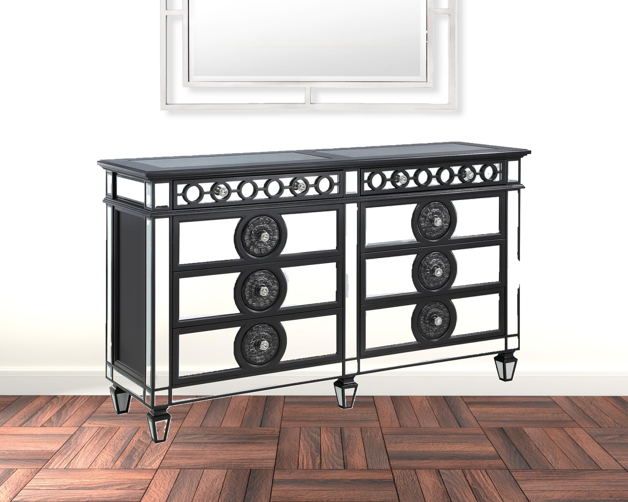 HomeRoots 486522 41 x 68 x 20 in. Black & Sliver Solid Wood Mirrored Six Drawers Double Dresser