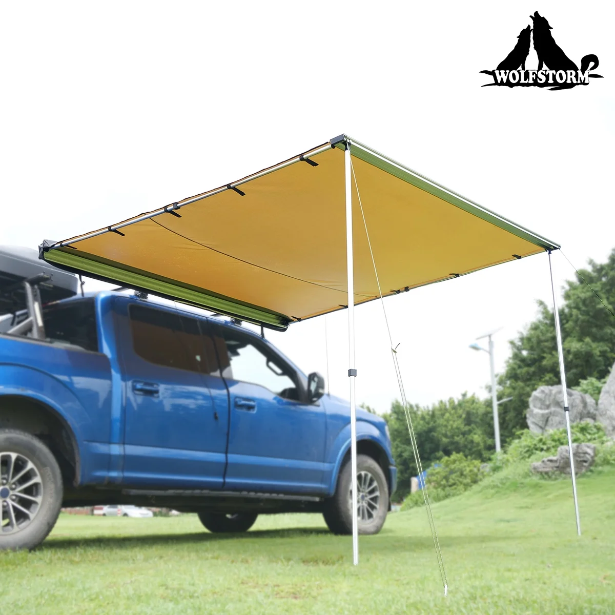 WOLFSTORM 6.6*8.2FT W/LED Outdoor Travel Sunshade Large Car Side Awning Rooftop Tent,Waterproof Pull-Out Car Side Awning for Off-Road Camping, Retractable Vehicle Tent Sun Shelter