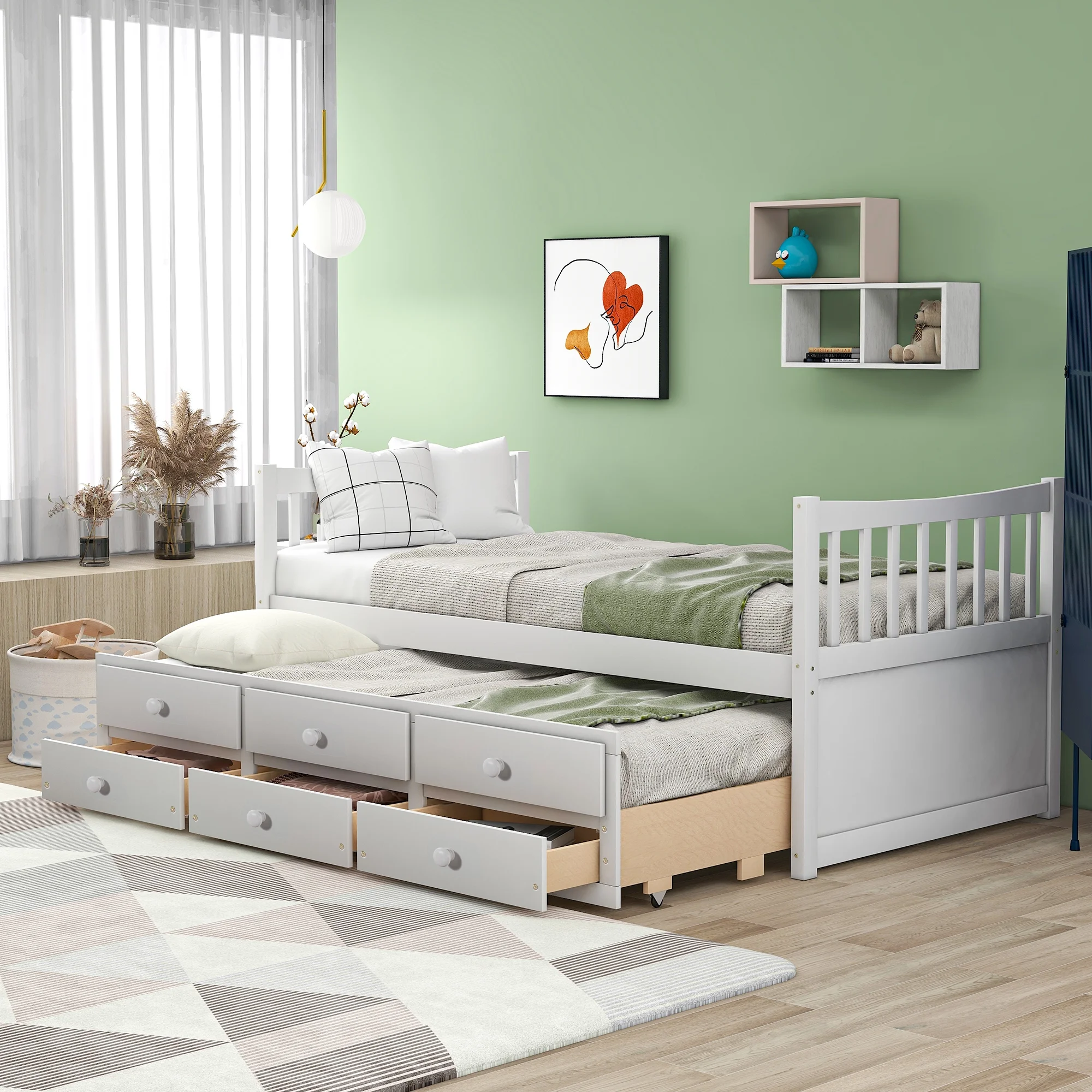 Twin Captain's Platform Storage Bed with Trundle Bed and Drawers, Solid Wood Twin Size Daybed for Kids Teens and Adults