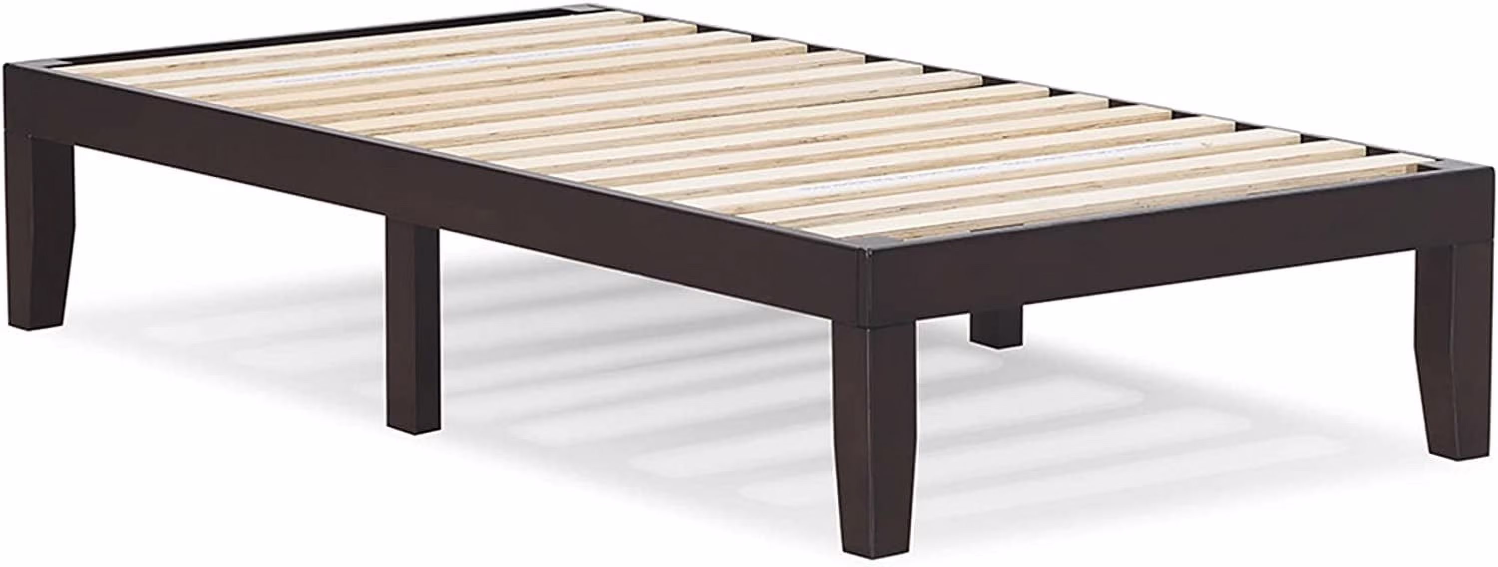 14 Inches Wood Platform Bed Frame Twin Size, Solid Wood Mattress Foundation with Rubber Wood Frame, Strong Poplar Wood Slat Support, No Box Spring Needed (Dark Brown)