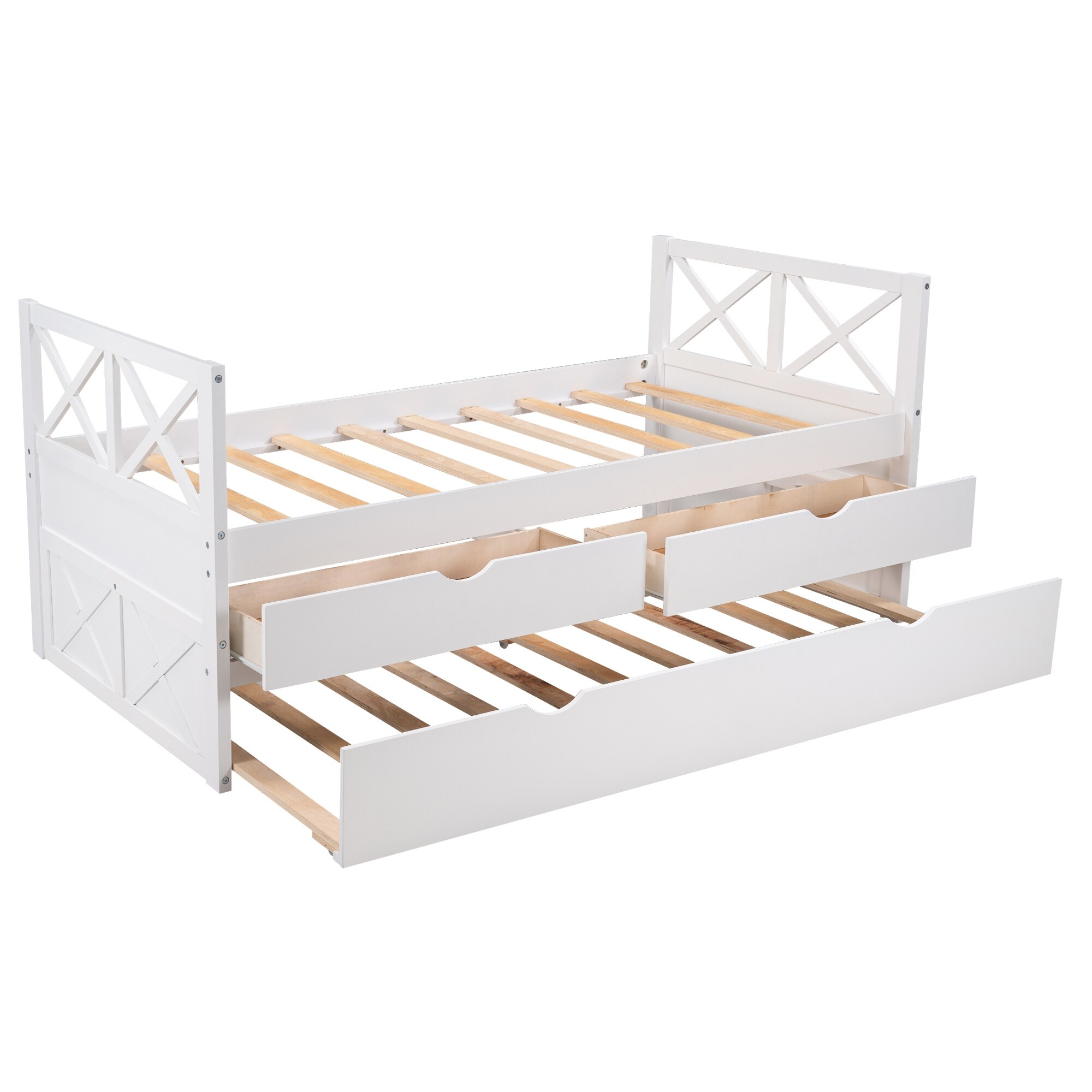 White Rustic Style Multi-Functional Solid Pine Wood Daybed with Two Large Drawers and Extra Trundle, Assembly Required
