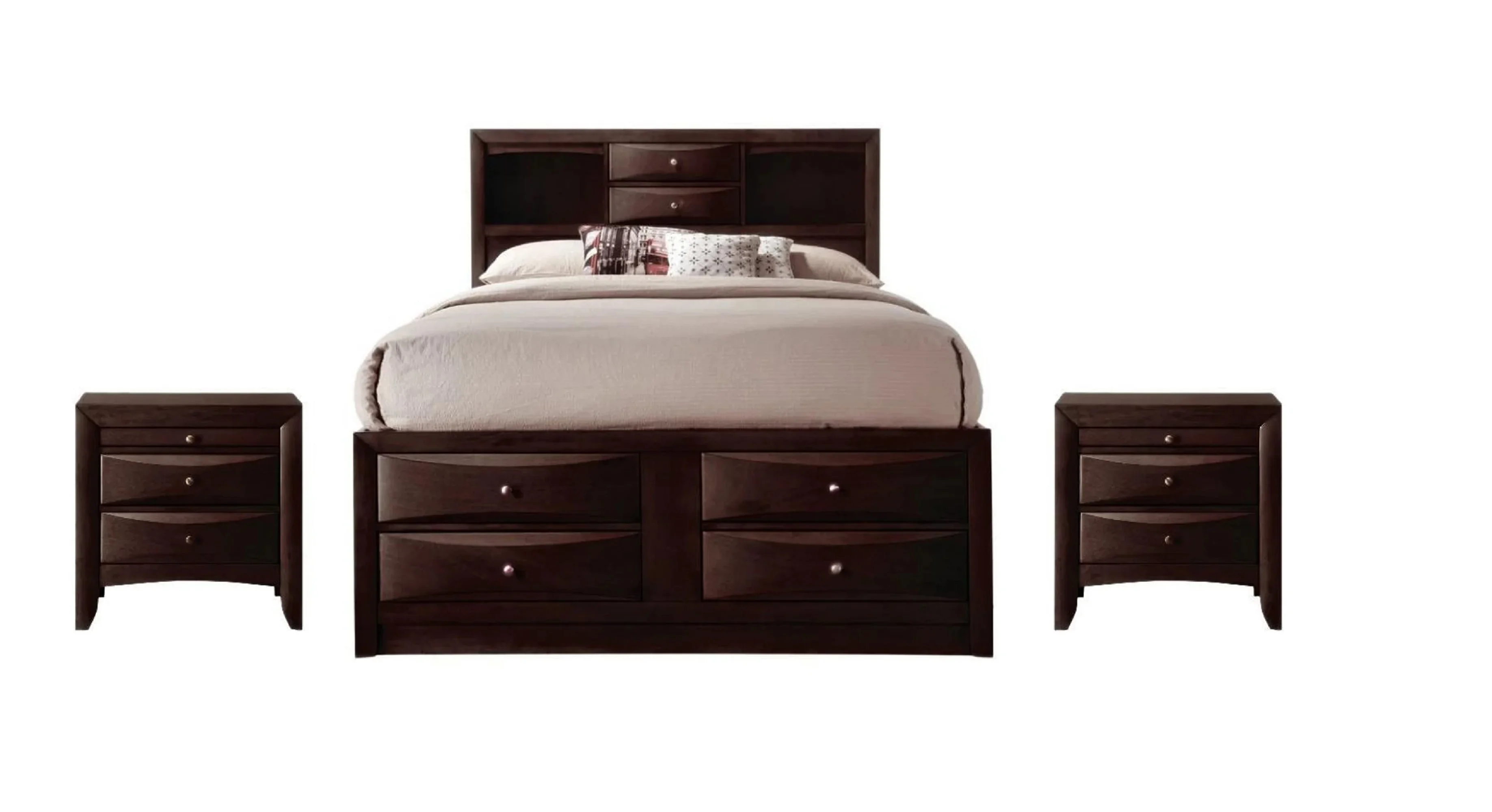 Contemporary King Size 3pc Captains Bed Nightstands Set Storage Drawers Cherry Finish Wooden Bedroom
