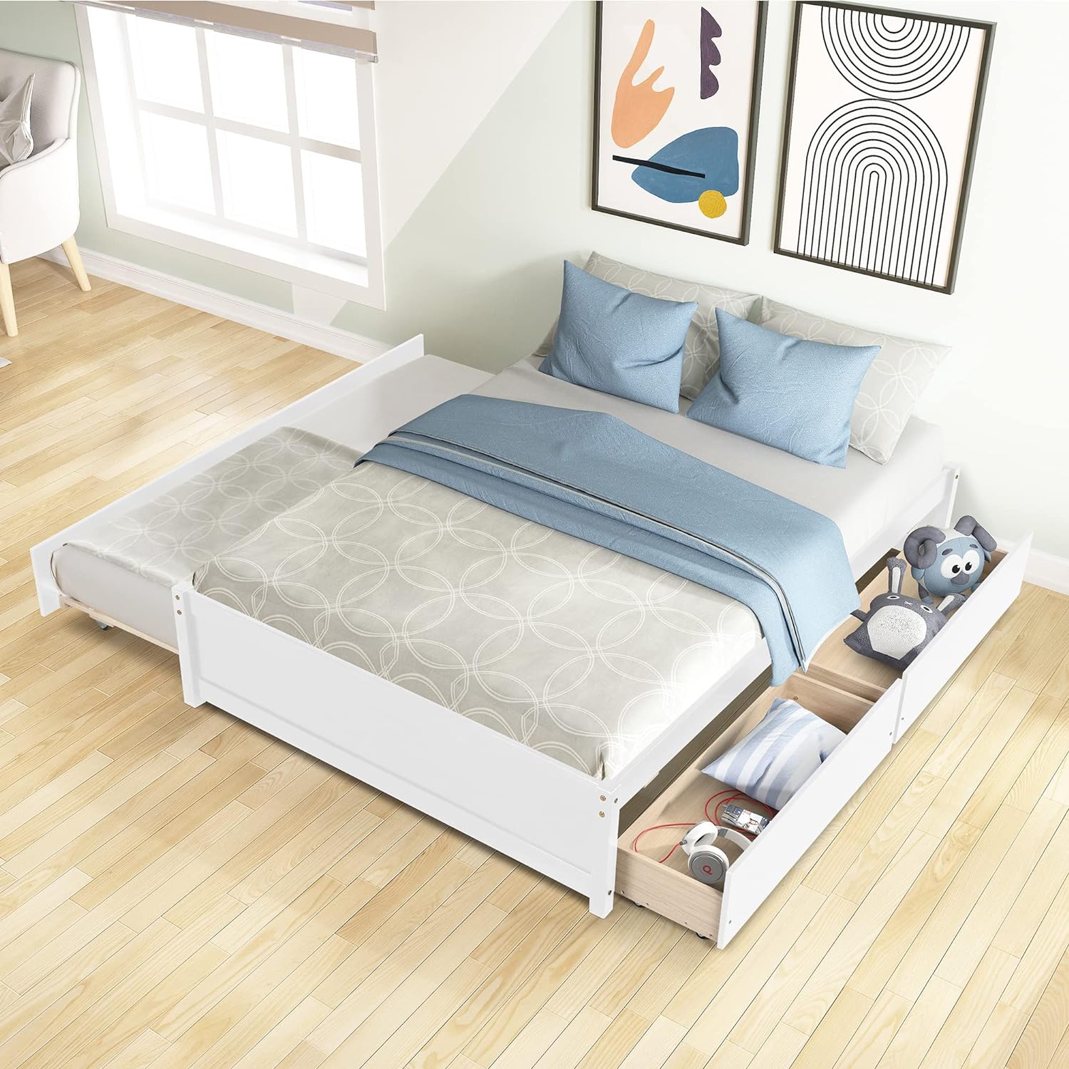 Wood Platform Bed Frame, Full Bed With Trudle Ad Drawers, Trudle Platform Bed Full Size, Captai Bed With Pull Out Trudle Ad Storage For Kids Tees Ad Adults White