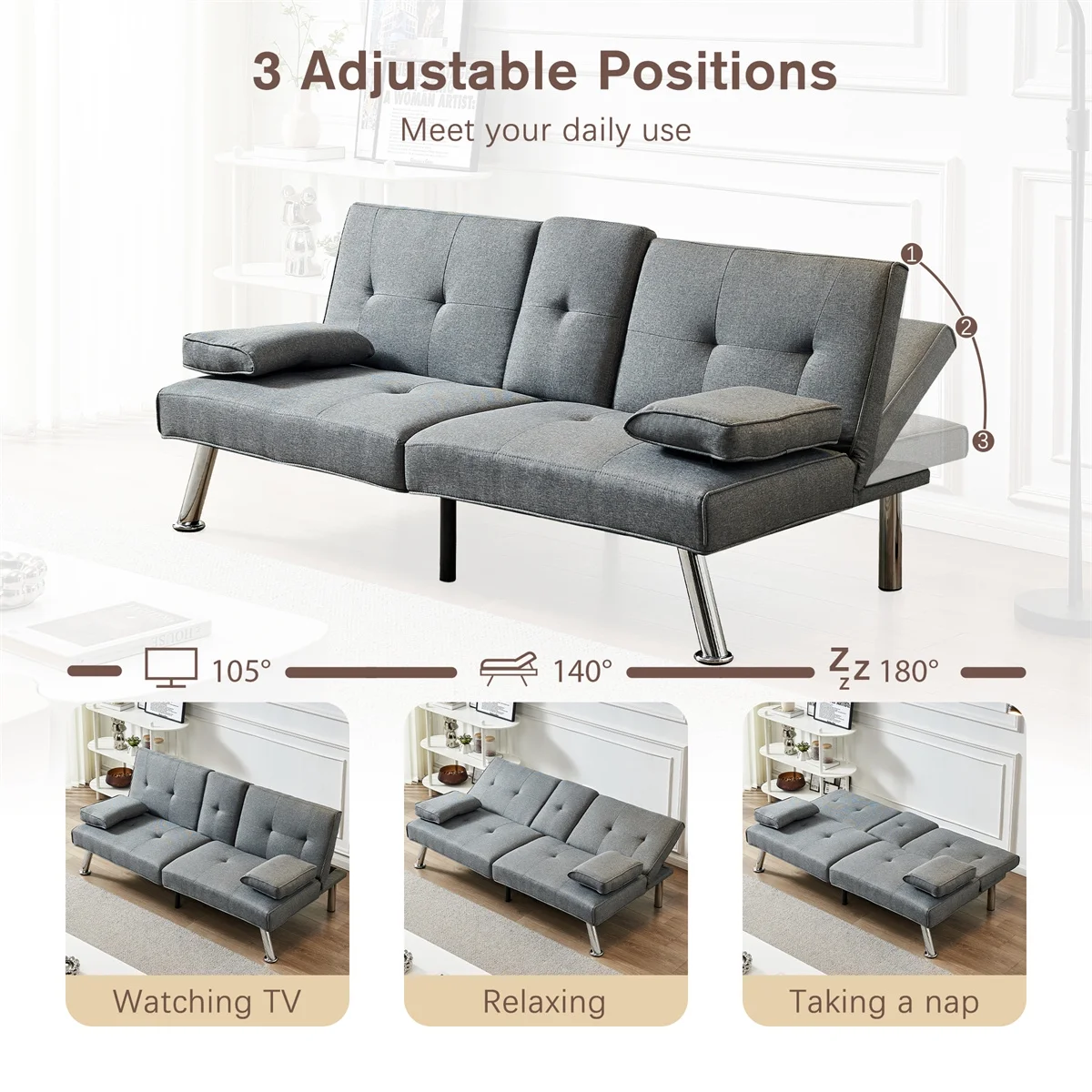 Linen Fabric Sofa Bed Futon Couch Bed Folding Recliner Sleeper Reversible Loveseat Convertible Daybed, 2 Cup Holders, 3 Angles, Removable Armrests, 500 lbs, Gray
