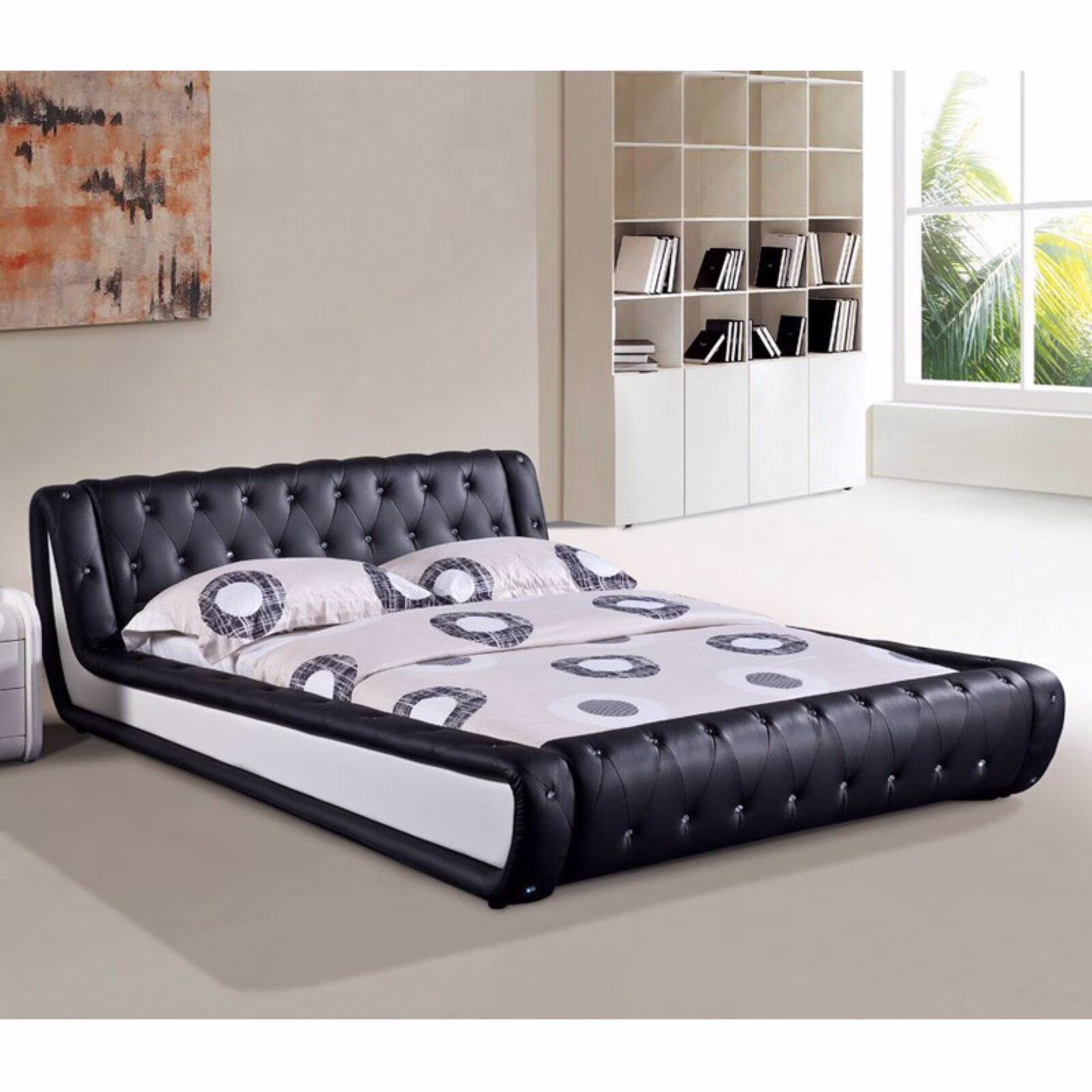 U.S. Pride Furniture Dorian Contemporary Button Tufted Faux Leather Platform Bed, Black/White, Multiple Sizes, B8045