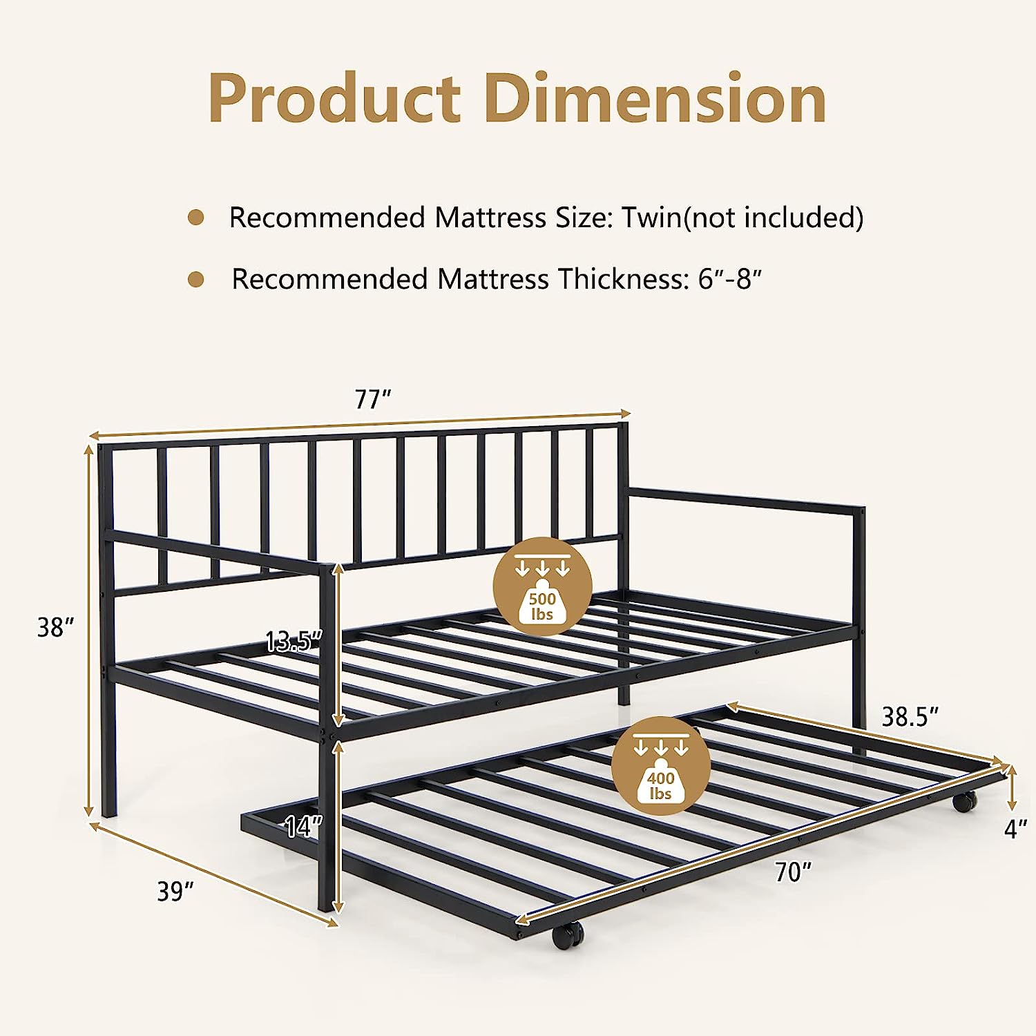 Metal Daybed with Trundle, Twin Size Day Bed with Pullout Trundle & Steel Slat Support, 4 Lockable Casters, for Living Room Guest Room, No Boxing Spring, Black
