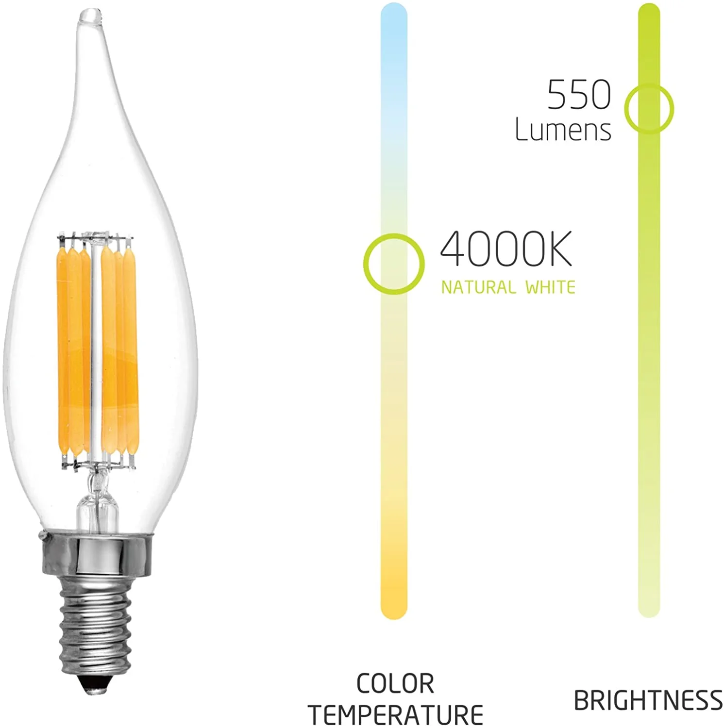 LED Candelabra Bulb Flame Tip 60W Equivalent Dimmable E12 Filament Candle Bulbs 6W, 550 Lumens, 4000K Cool White CA10 LED Chandelier Light Bulbs, UL Listed - 12 Pack