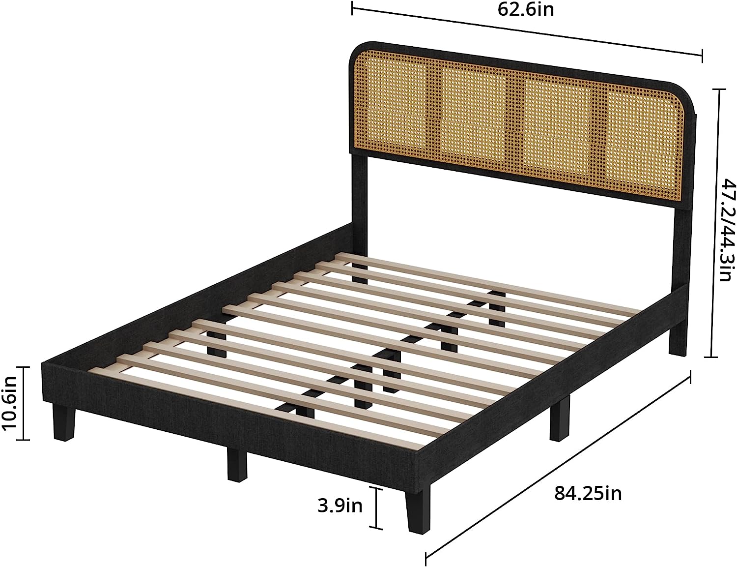 Popular Castle Rattan Wooden Platform Bed Frame with Adjustable Headboard and Wood Slat Support  No Box Spring Needed  Full Size  Black