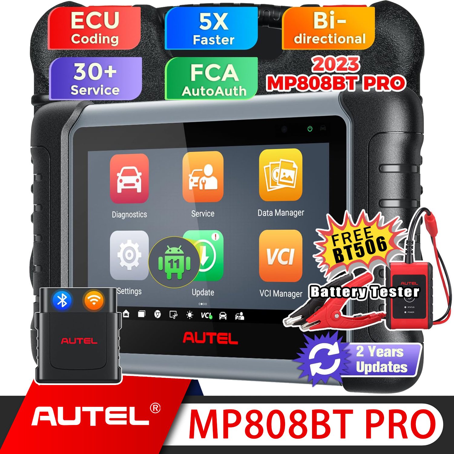 Autel MaxiPRO MP808BT PRO ECU Coding MP808S-BT PRO Diagnostic Scanner Free Gift BT506 Battery Tester (Value$195)  Bi-Directional Control 30+ Services Android 11.0