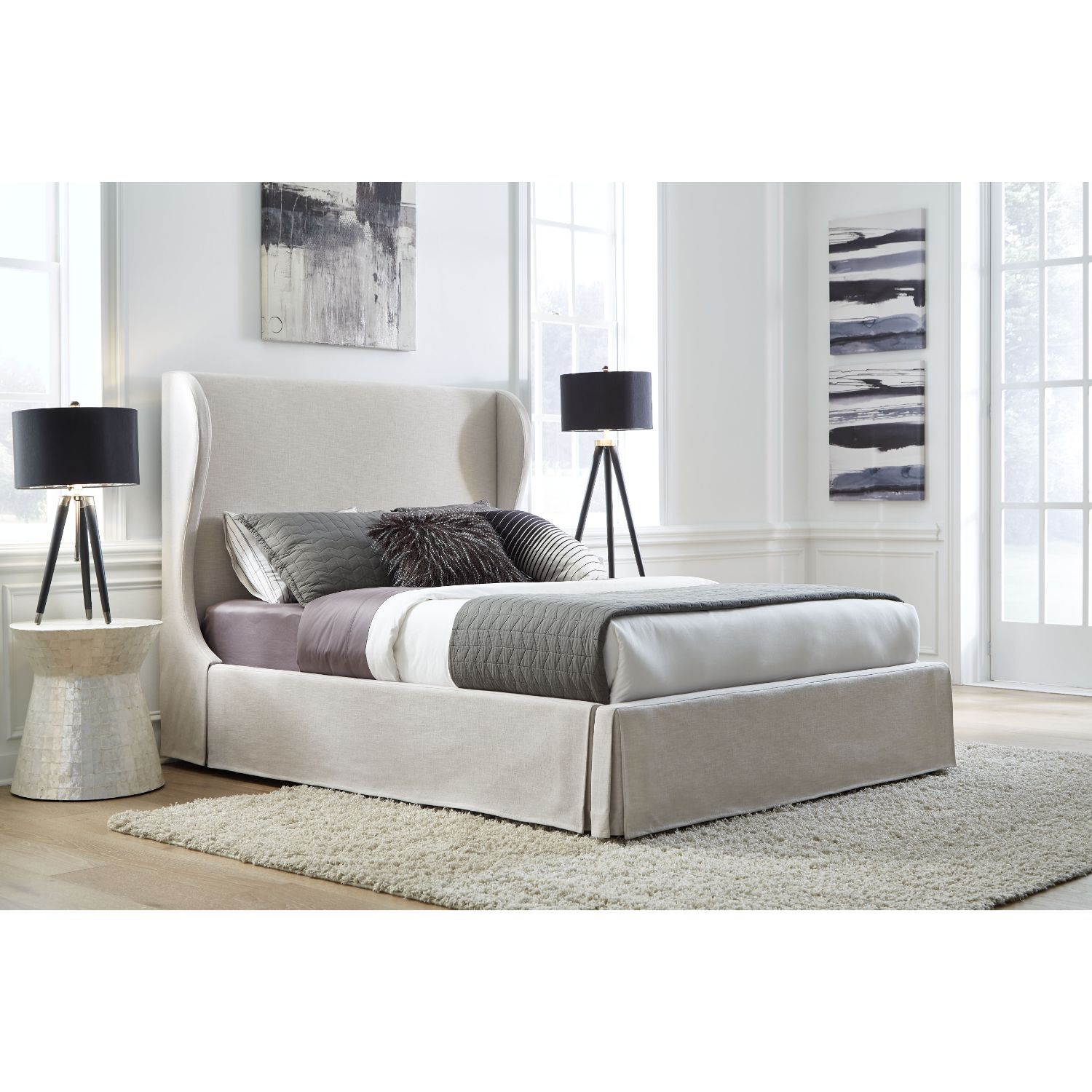 Modus Furniture Hera Upholstered Skirted Panel Bed in Oatmeal