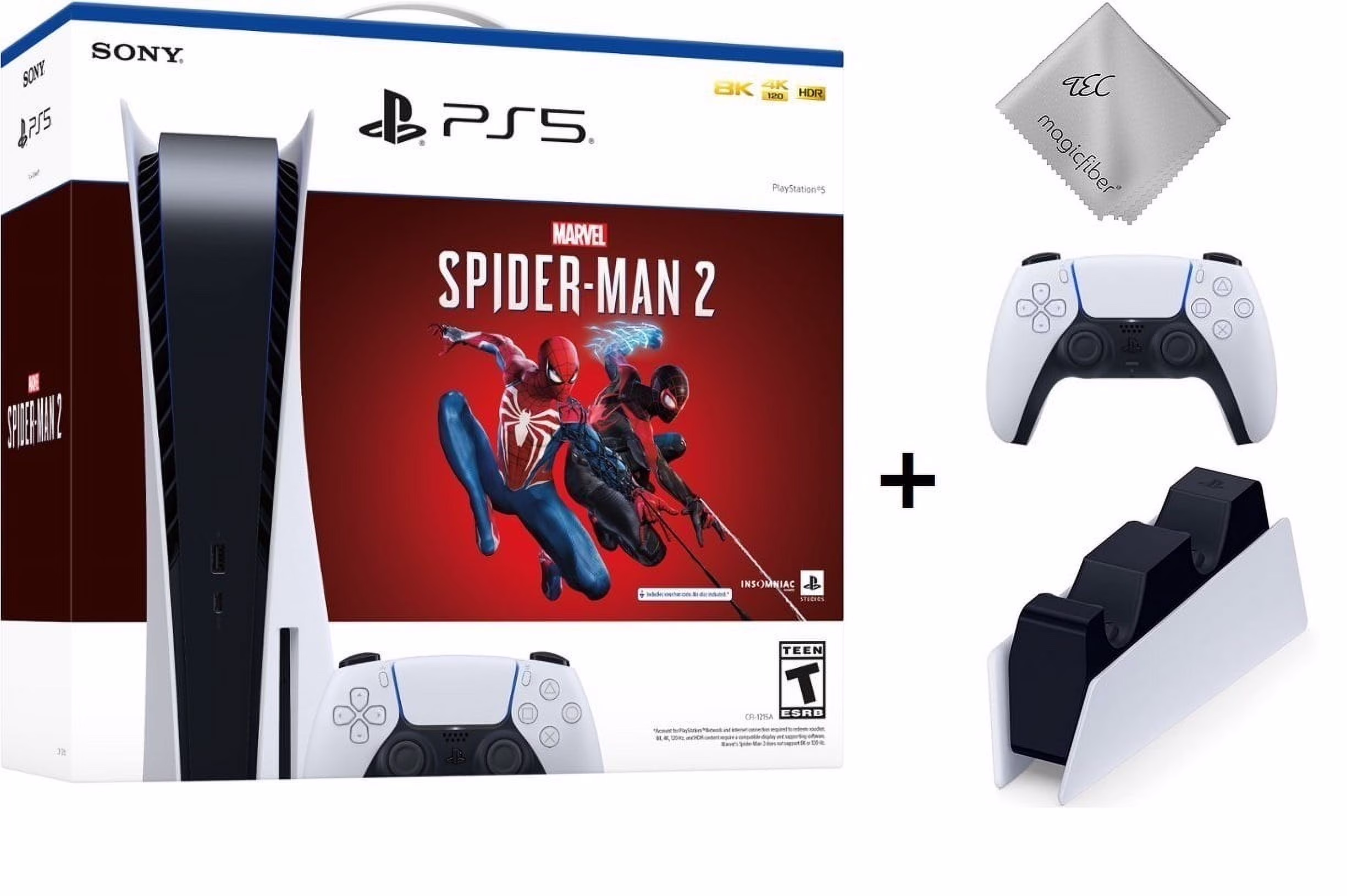 TEC New Sony PlayStation_PS5 Gaming Console(Disc) with Marvel’s Spider-Man 2 Bundle - White Edition Plus Extra Controller(White/Blue) and Dual Charging Station - PlayStation - 5