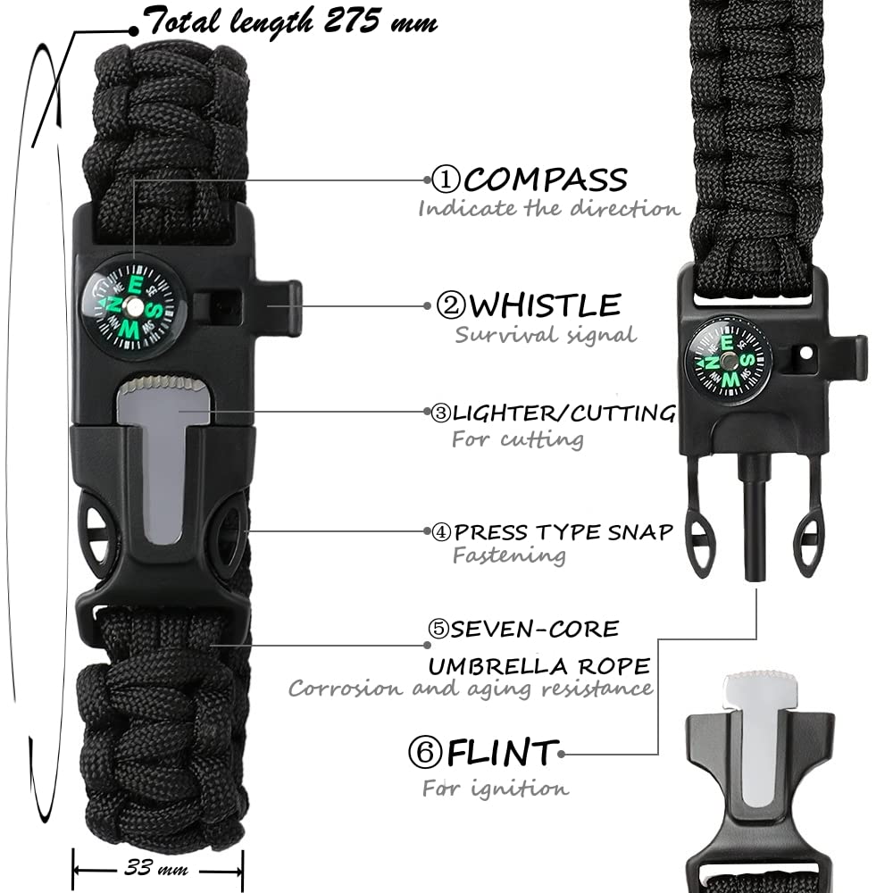 2PCS Adjustable Survival Bracelet with Survival Whistle Fire Starter Paracord 20 in 1 Emergency Sports Wristband Gear Kit with Waterproof Compass