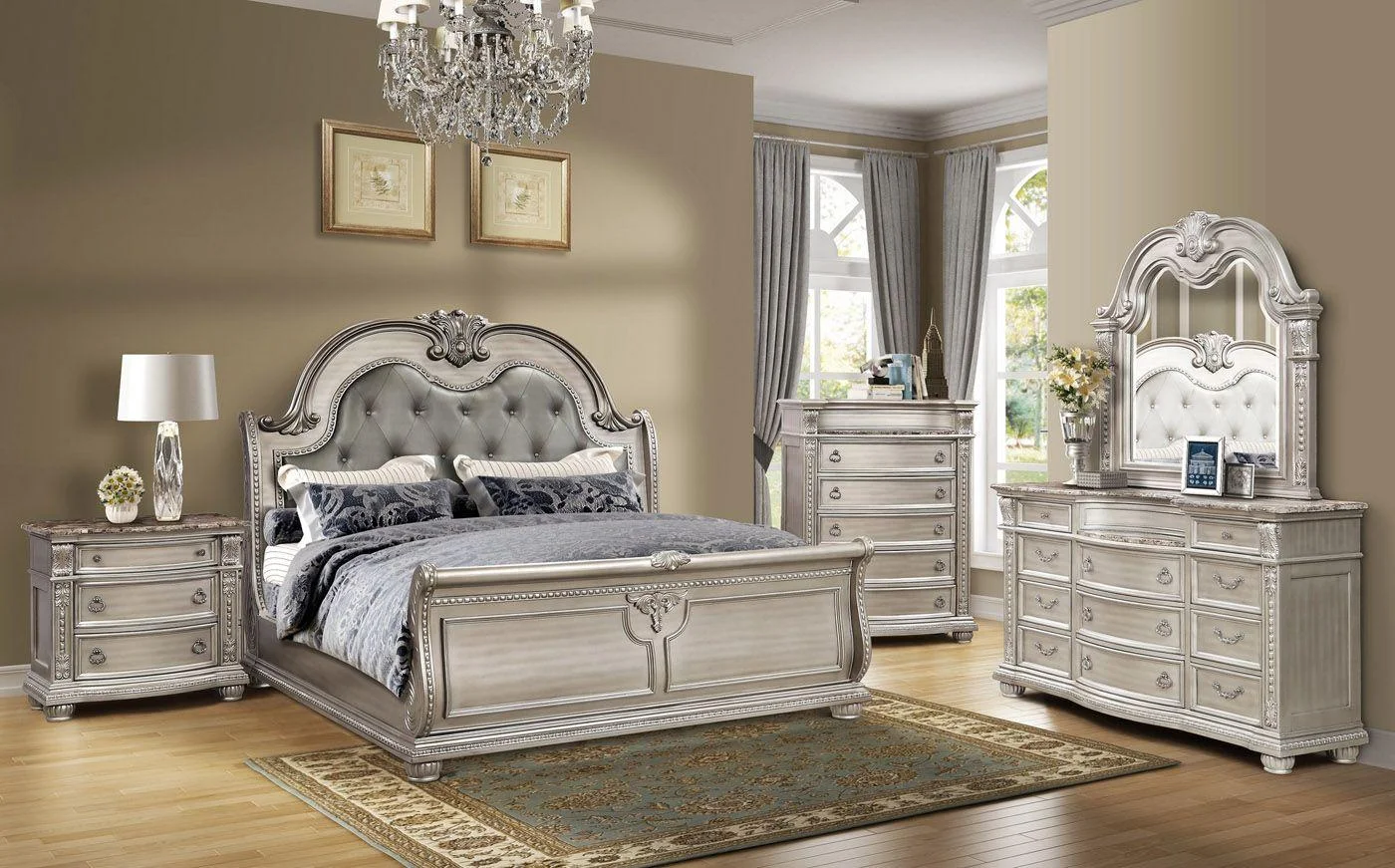 Antique Platinum Sleigh King Bedroom Set 6Pcs B9506 Mcferran Classic Traditional