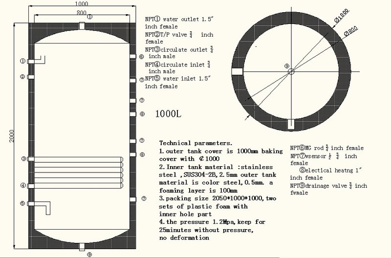 1000 Liter 264 Gallon Stainless Steel Solar Hot Water Heater Tank Single Copper Coil Heat Exchanger