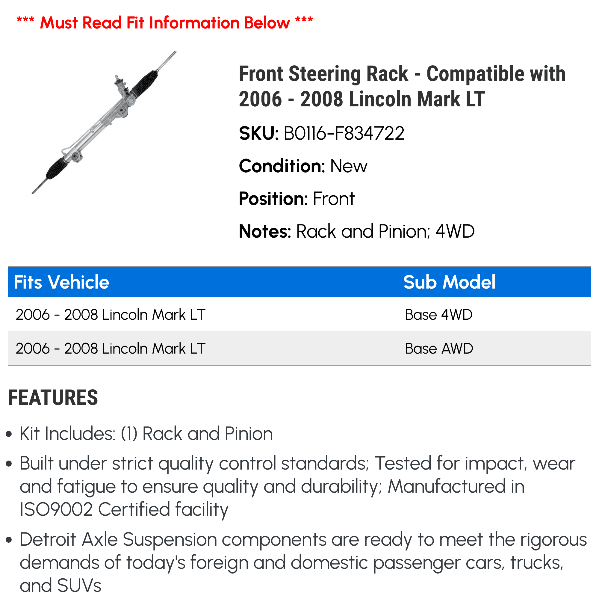 Front Steering Rack - Compatible with 2006 - 2008 Lincoln Mark LT 2007