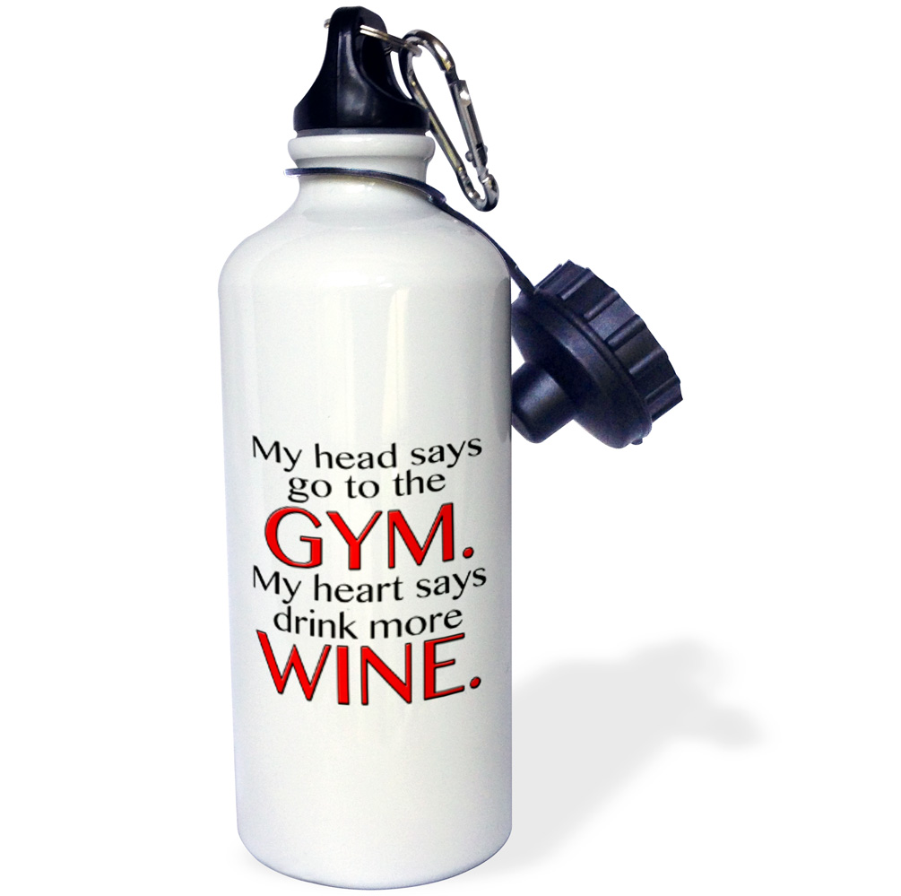 3dRose My head says go to the GYM my heart says drink more WINE. Red., Sports Water Bottle, 21oz