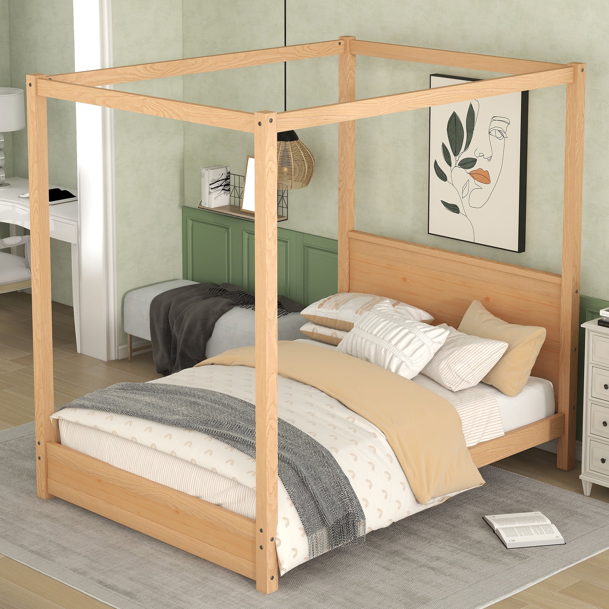 Anself Full Size Canopy Platform Bed with Headboard and Support Legs,Natural