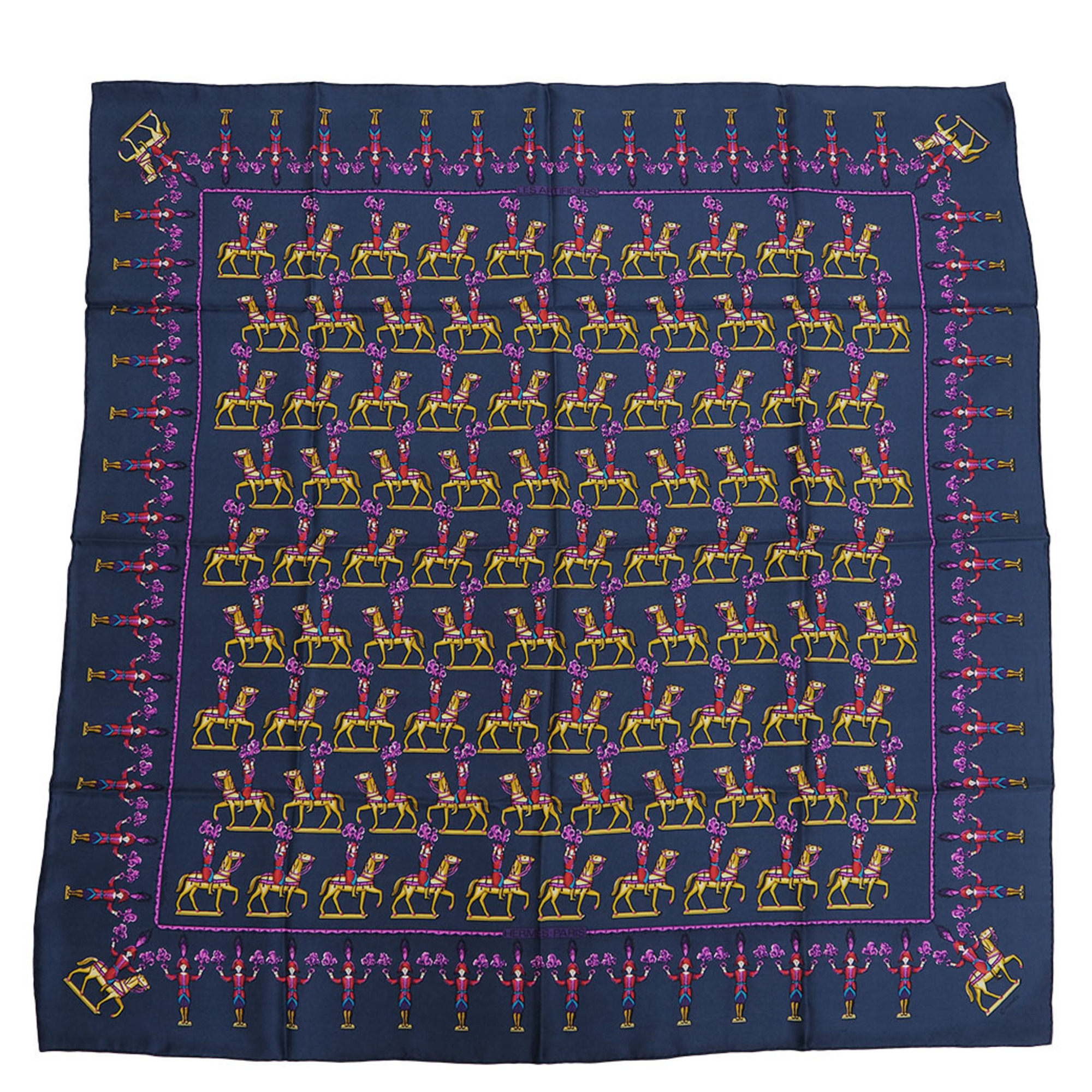 Pre-Owned HERMES Hermes Carre 90 LES ARTIFICIERS Fireworks Master Horse Knight Soldier Navy Scarf Muffler (Good)