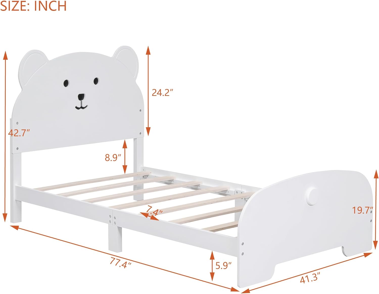 Size Kids Bed, Wood Platform Bed With Bear-Shaped Headboard And Footboard For Kids, Teens, Boys & Girls,No Box Spring Needed(White)