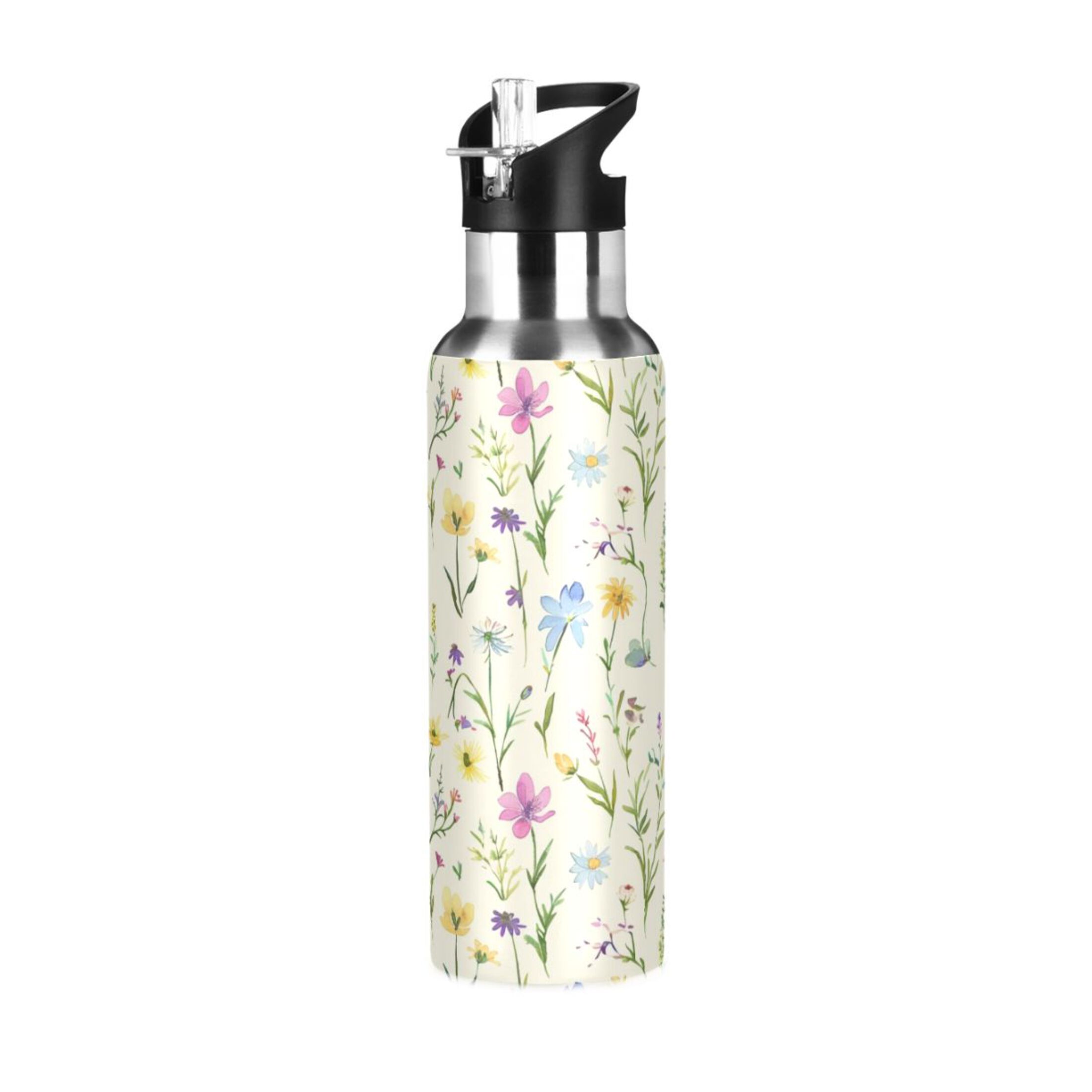 Flowers Summer Floral Water Bottles Insulated Thermos Kids Stainless Steel Bottle with Straw Lid Flask Leakproof for Sports Gym 20 oz