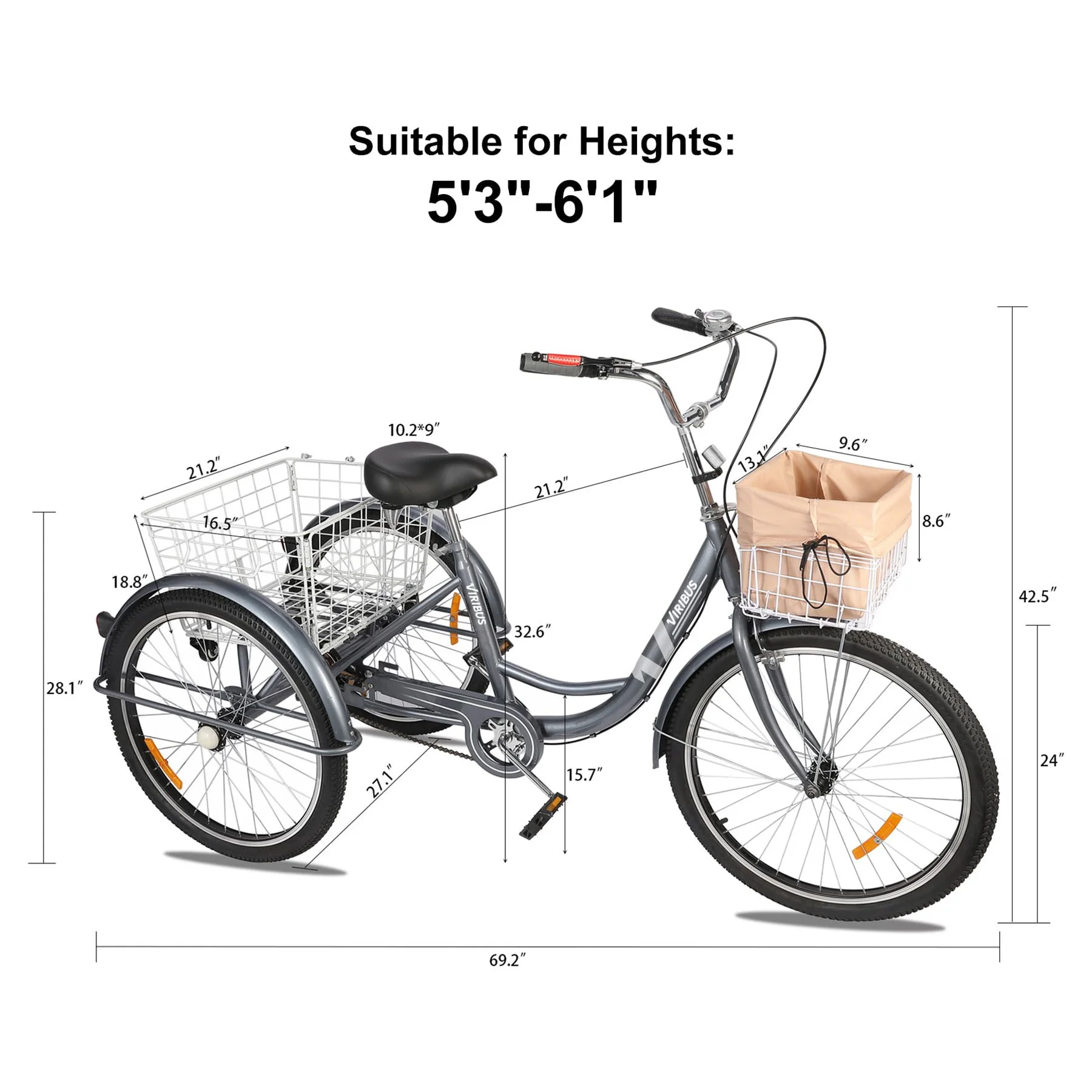 Viribus 3-Wheeled Adult Tricycle with Foldable Basket, 24