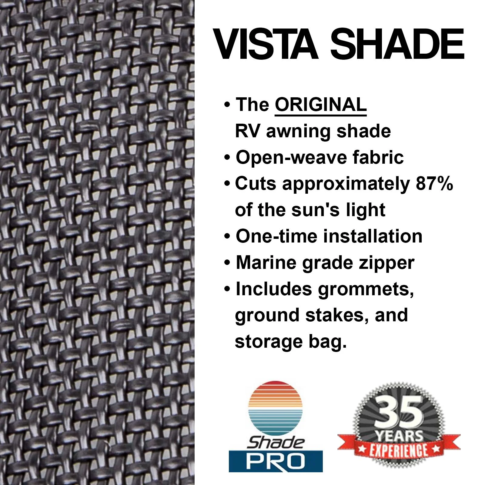 Shade Pro - Vista Shade - Solar Mesh Sunscreen for 12V Electric RV Awning - Zipper Sun Shade Blocks 85% of Light Without Blocking Your View - Fits Vertical Arm Style Awnings 13' Black, 8' Drop