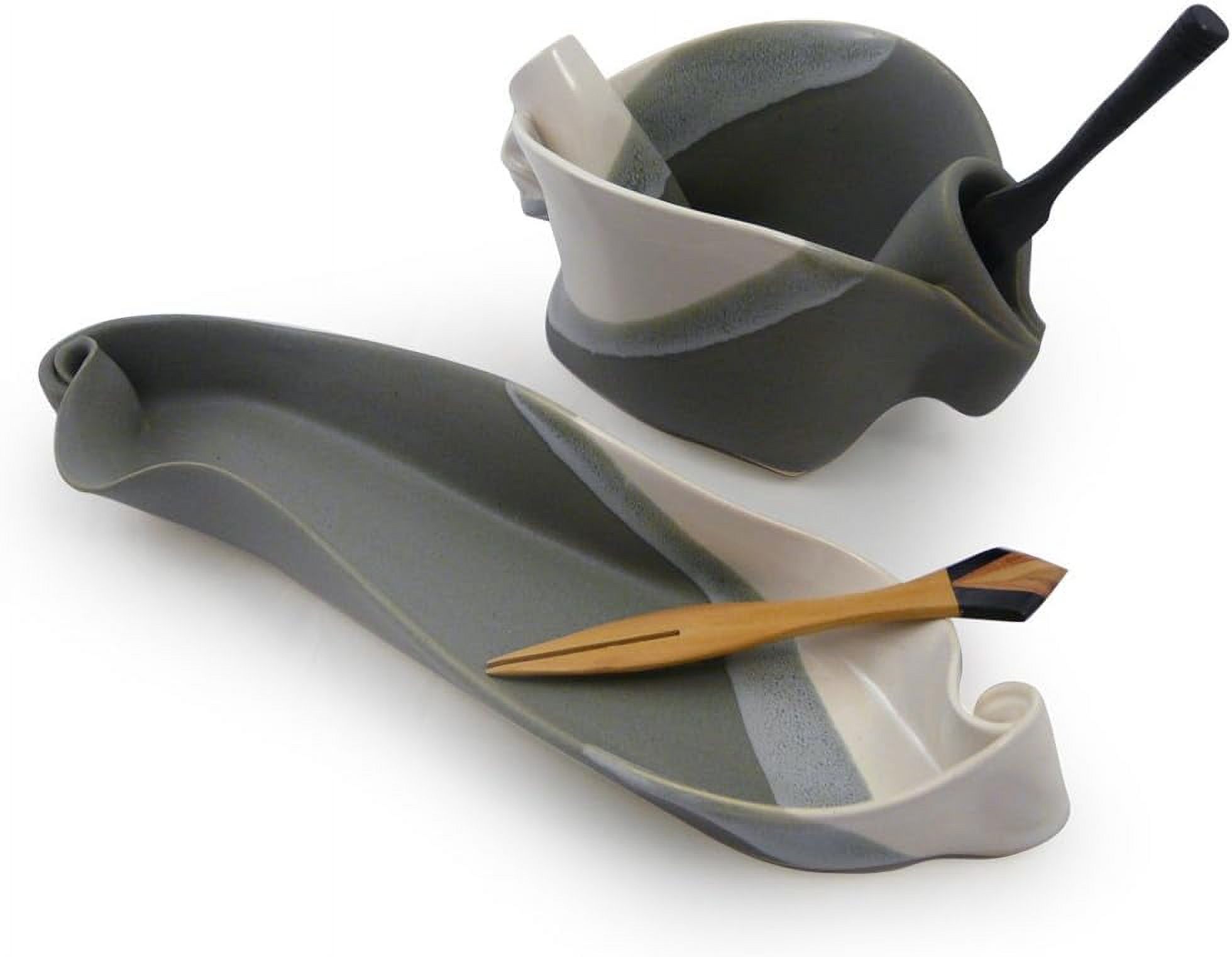 Contemporary 2-Piece Handmade Pottery Hors D'oeuvre Appetizer Serving Dish Set In Grey White