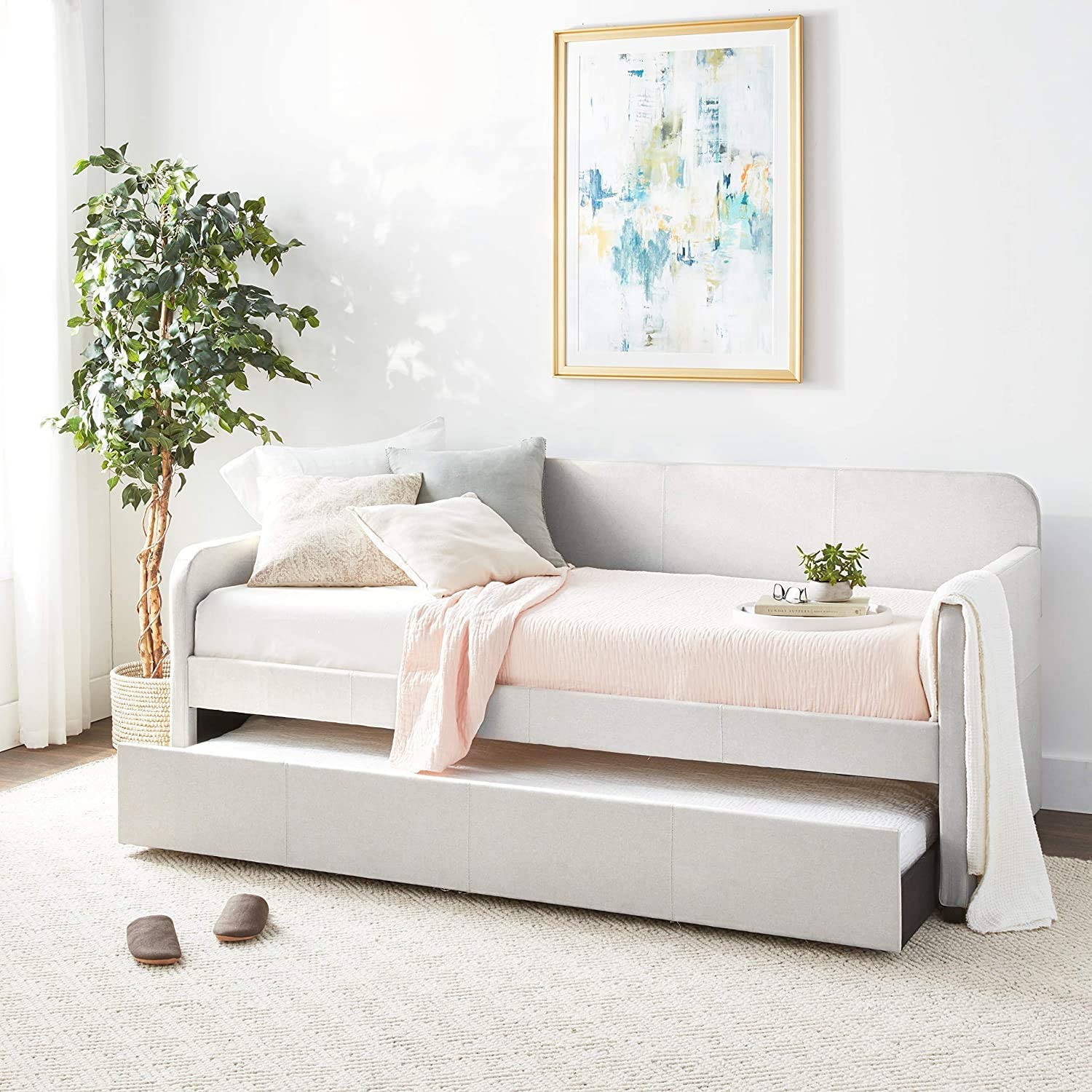 Daybed With Trundle Modern Solid Wood Daybed Sofa Bed Frame,Trundle Daybed For Living Room, No Box Spring Needed, Fog Fabric,Beige
