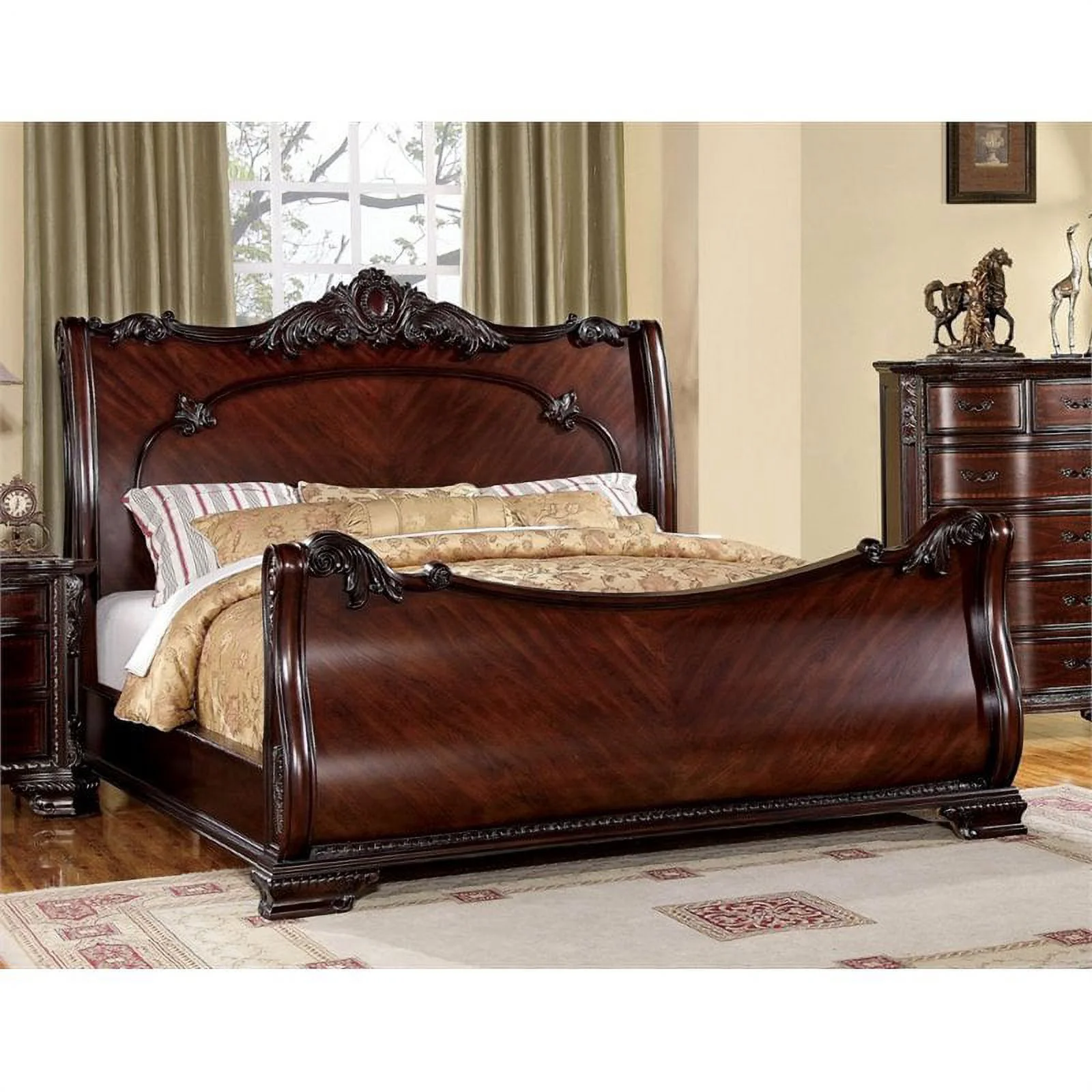 FOA Angelonia 4pc Cherry Wood Bedroom Set - Cal King+Nightstand+Dresser+Mirror