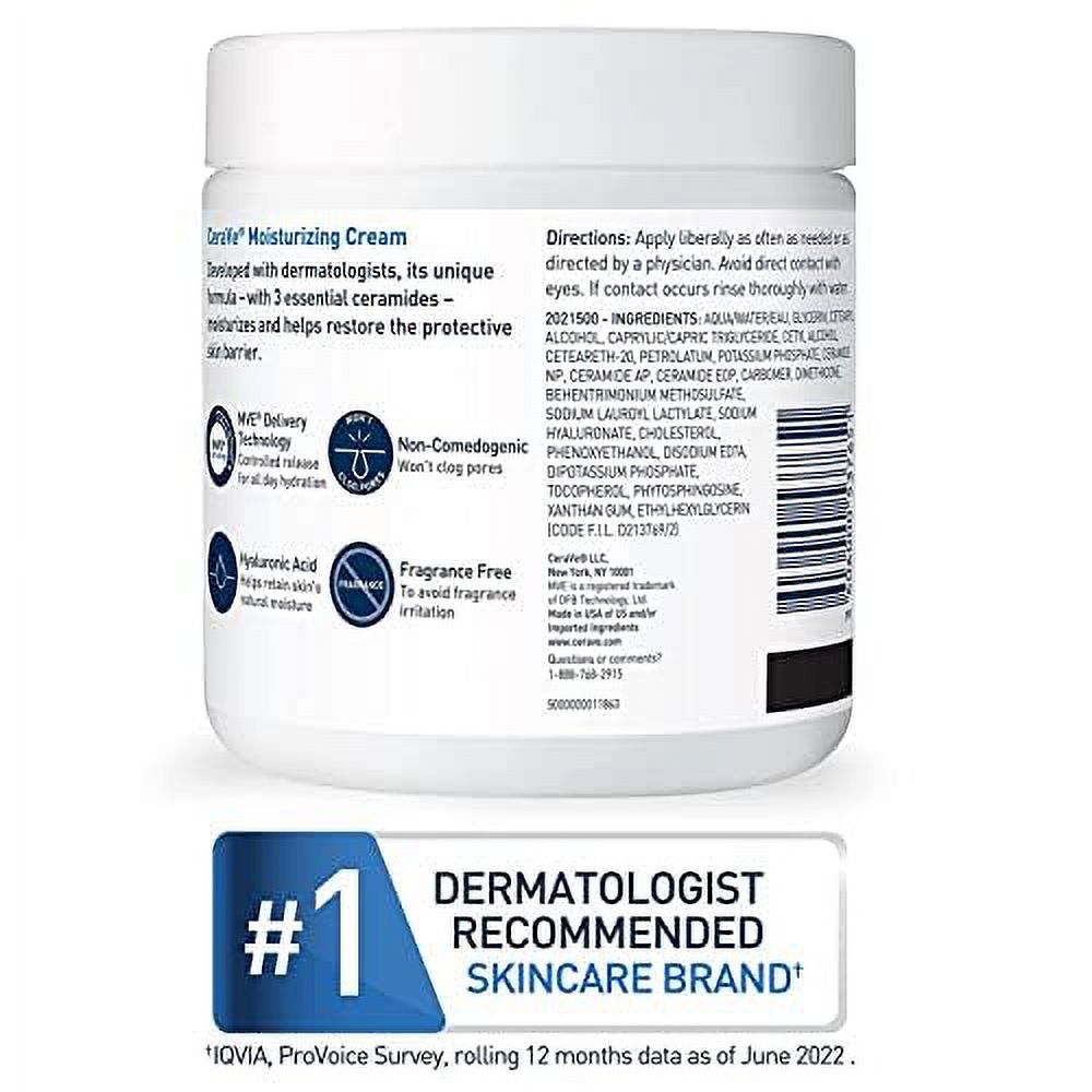 Cerave Moisturizing Cream | Body And Face Moisturizer For Normal To Dry Skin | Body Cream With Hyaluronic Acid & 3 Essential Ceramides | Hydrating Moisturizer | Fragrance Free Non-Comedogenic (16 Oz)