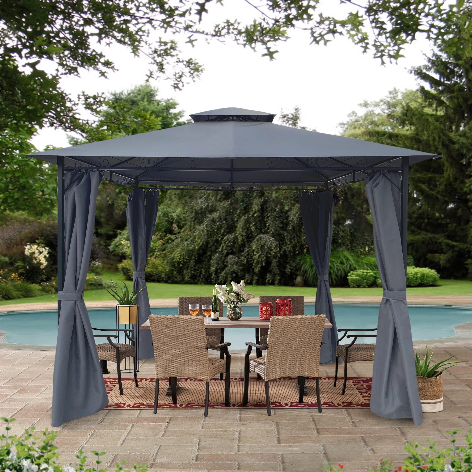 QHTT 10 x 10 FT Patio Gazebo Tent with Curtains for Home Outdoor Garden Party Gray
