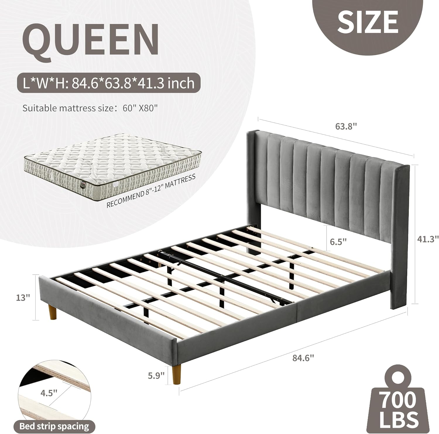 OUWI upholstered Platform Bed Frame/Twin Bed Frame/Modern Geometric Double-Wing Design headboard/Flannel and Linen Fabric/Easy to Assemble no Noise (Grey, Queen (U.S. Standard))